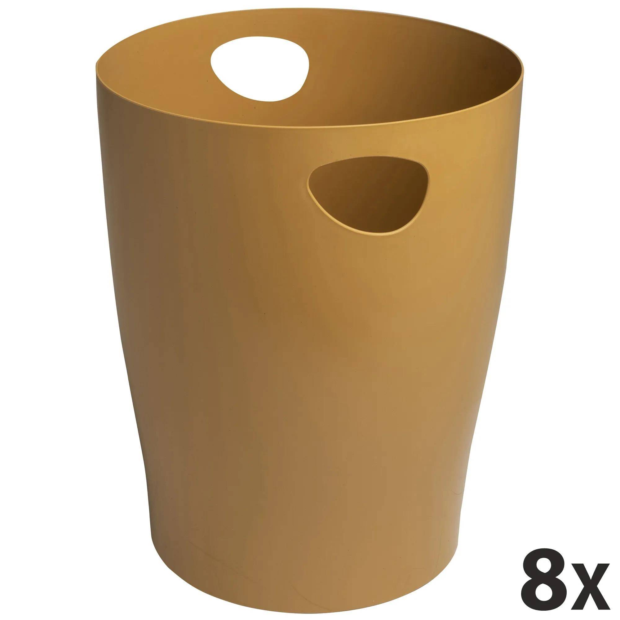 Ein brauner Papierkorb mit einer kreisförmigen Öffnung oben und einem seitlichen Griff, in der Ecke mit '8x' gekennzeichnet.