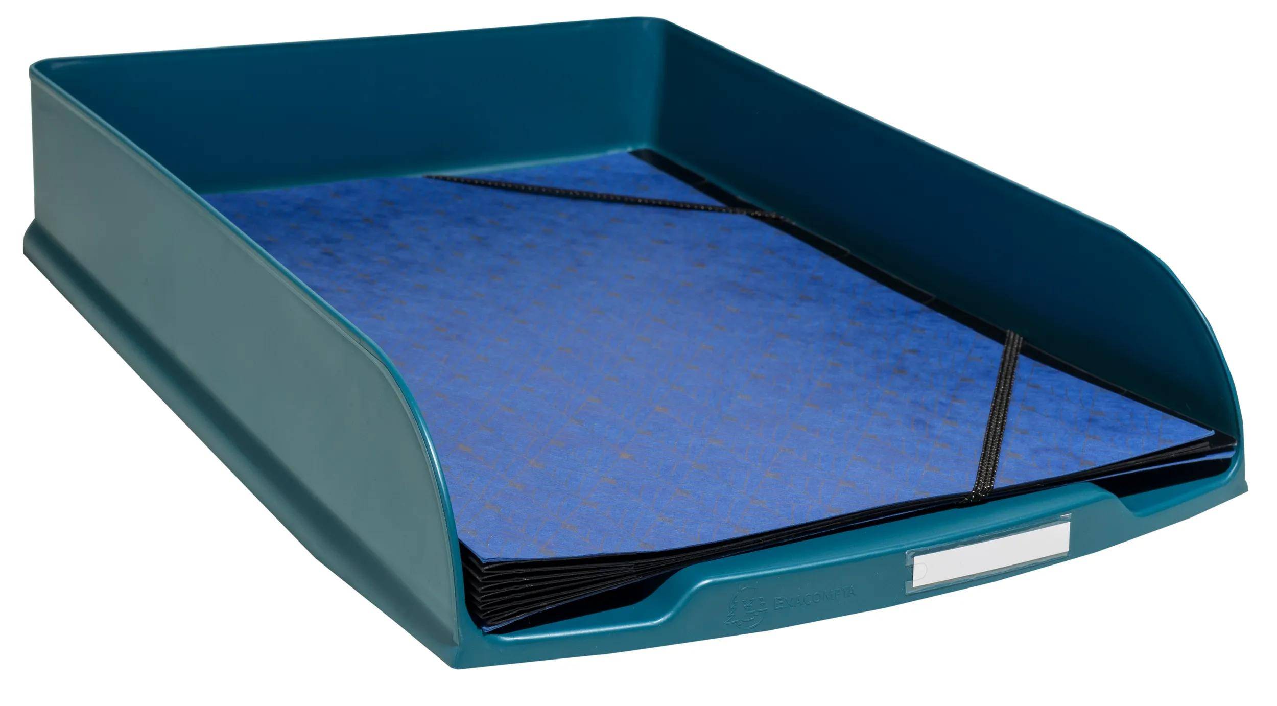 Ein blaugrünes Kunststoff-Dokumententablett enthält einen geschlossenen blauen Akkordeon-Aktenmappen.