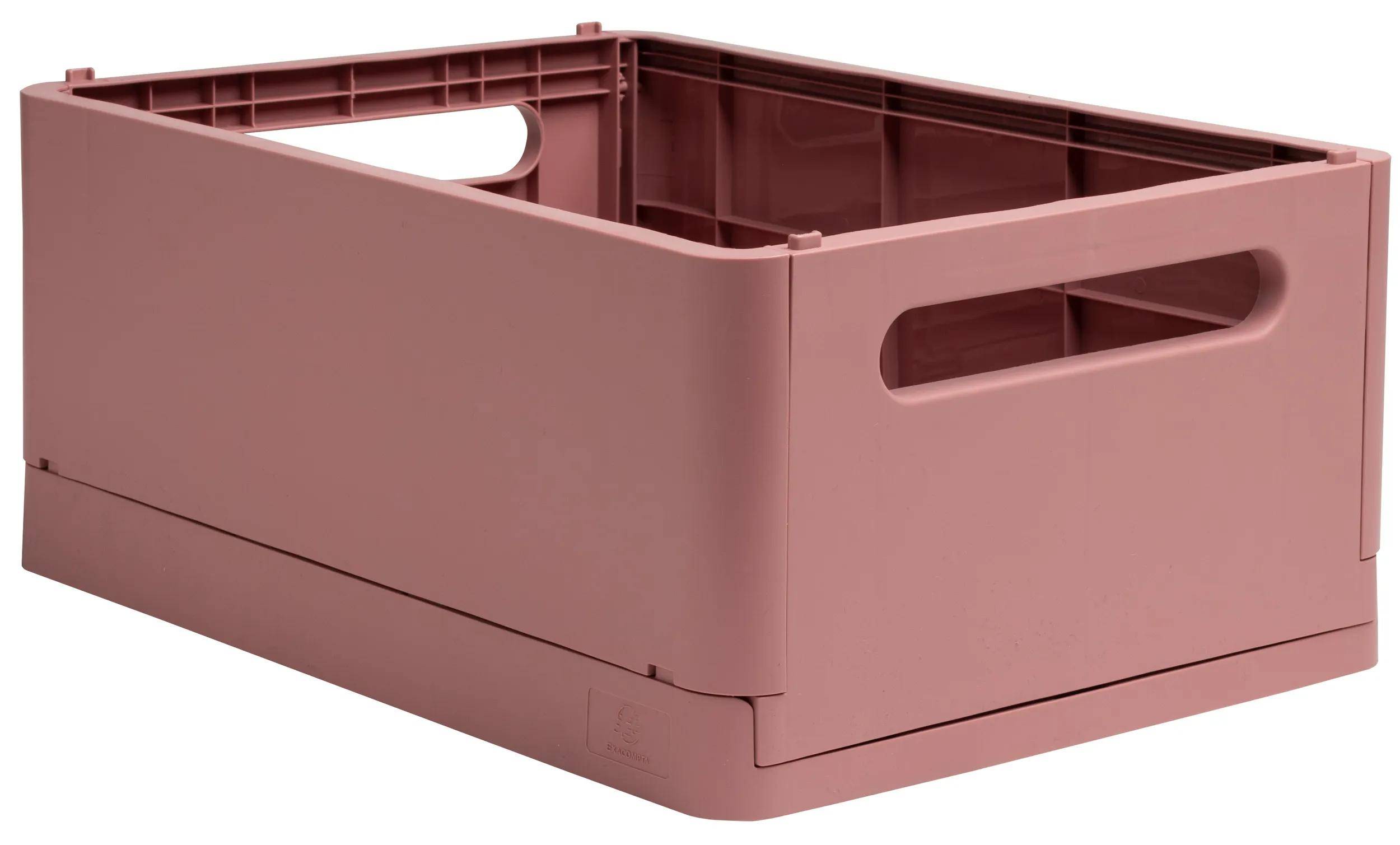 Eine rosa Aufbewahrungskiste mit offenen Griffen und rechteckiger Form, geeignet zum Organisieren und Lagern verschiedener Gegenstände.