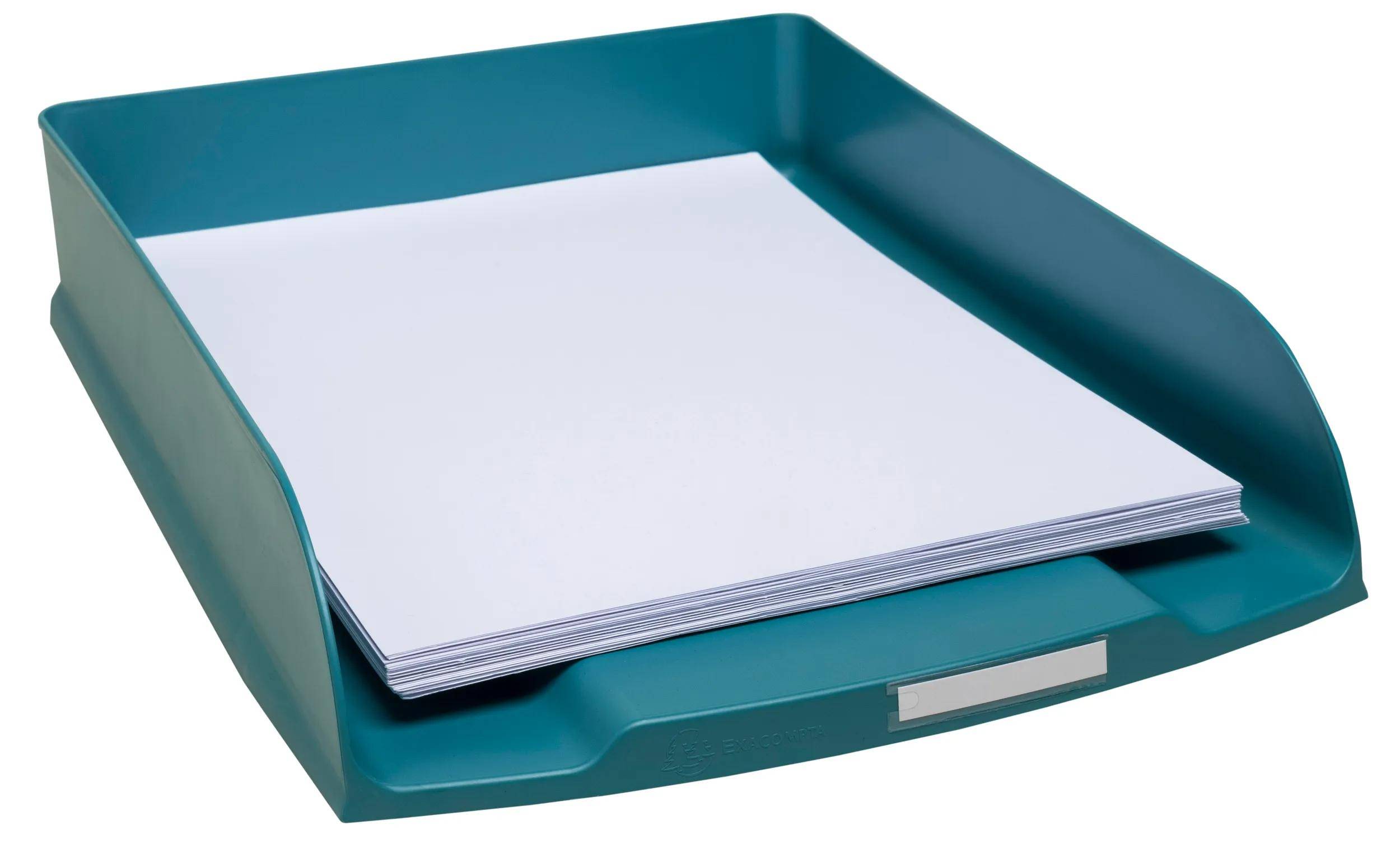 Ein blauer Kunststoff-Schreibtischorganizer mit drei Fächern, entwickelt zum Aufbewahren von Dokumenten oder Bürobedarf, mit der Marke 