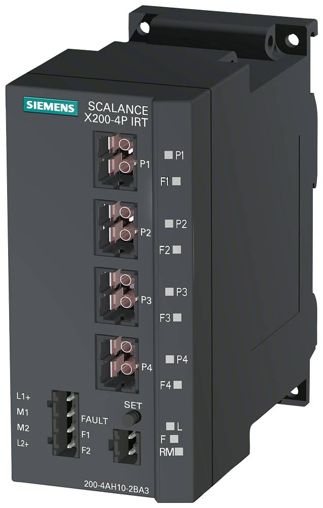 Ein schwarzer Siemens Scalance X200-4P IRT Netzwerkswitch mit vier Glasfaserports, gekennzeichnet von P1 bis P4. LED-Leuchten mit den Bezeichnungen F1 bis F4 zeigen den Portstatus an.