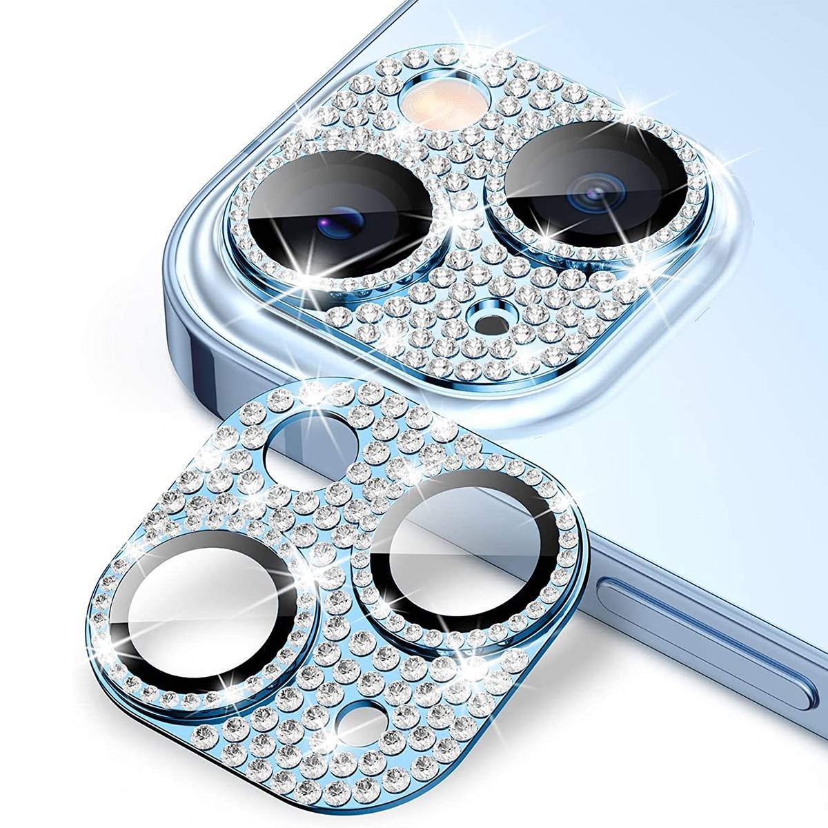 Für Apple iPhone 15 / 15 Plus Glitzer Schutzglas Kamera Linse Hellblau