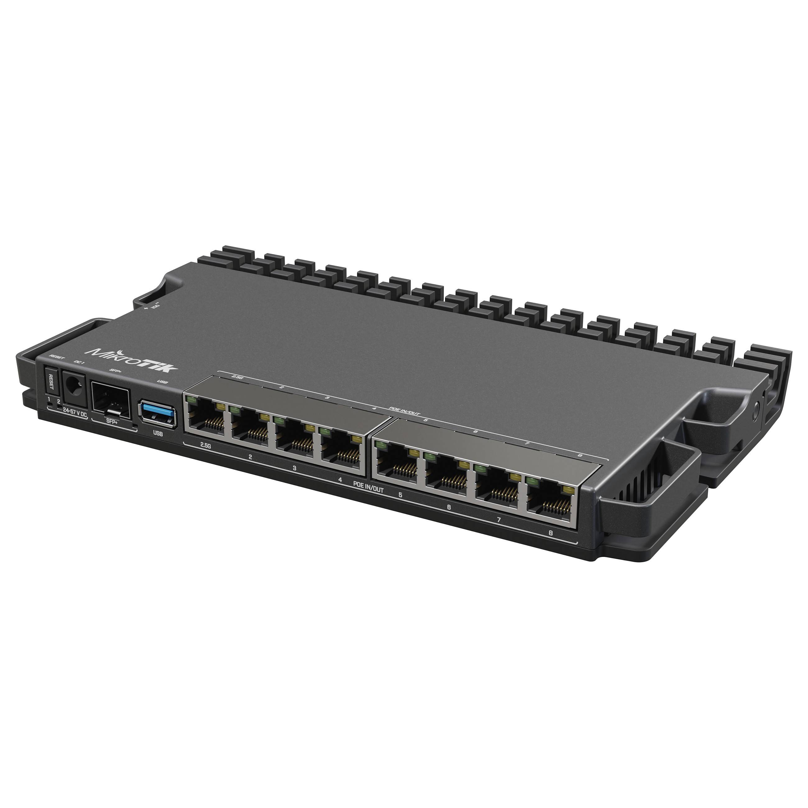 Router mit mehreren Ethernet-Anschlüssen und einem USB-Anschluss, konzipiert für Netzwerkkonnektivität und Datenübertragung, vor weißem Hintergrund.