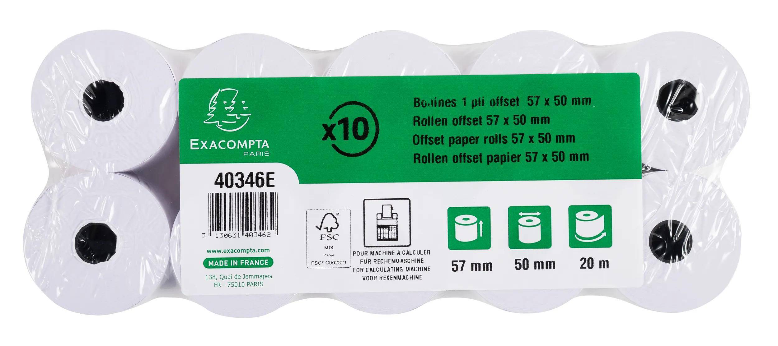 Exacompta 50x Additionsrolle 1-lagig Offset 60g/m2 57x50mx12 - Weiß - 40346E