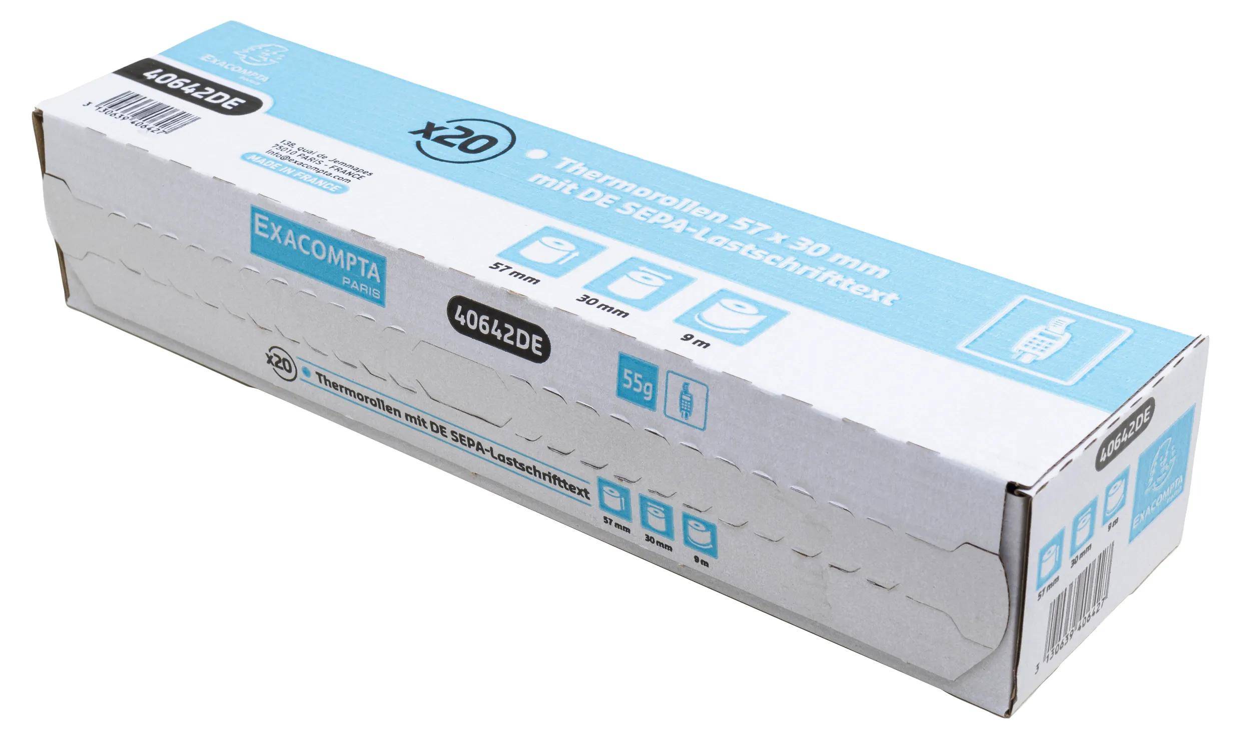 Thermopapierrollen-Verpackung von Exacompta Paris mit einer Größe von 57 x 30 mm für SEPA-Lastschrift-Drucker, 20 Rollen pro Karton.