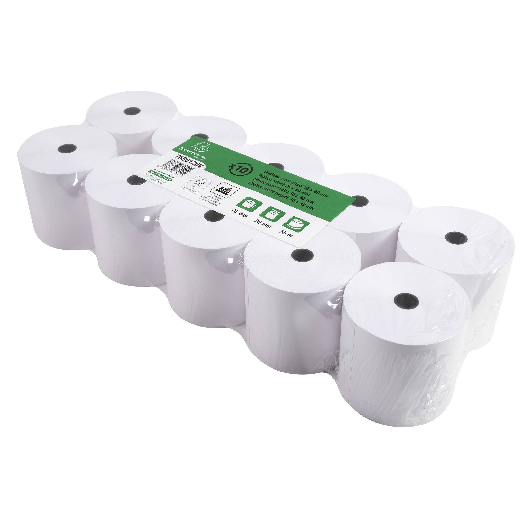 Exacompta 50x Kassenrolle 1-lagig Offset 60g/m2 76x80mx12 - Weiß - 7680120V