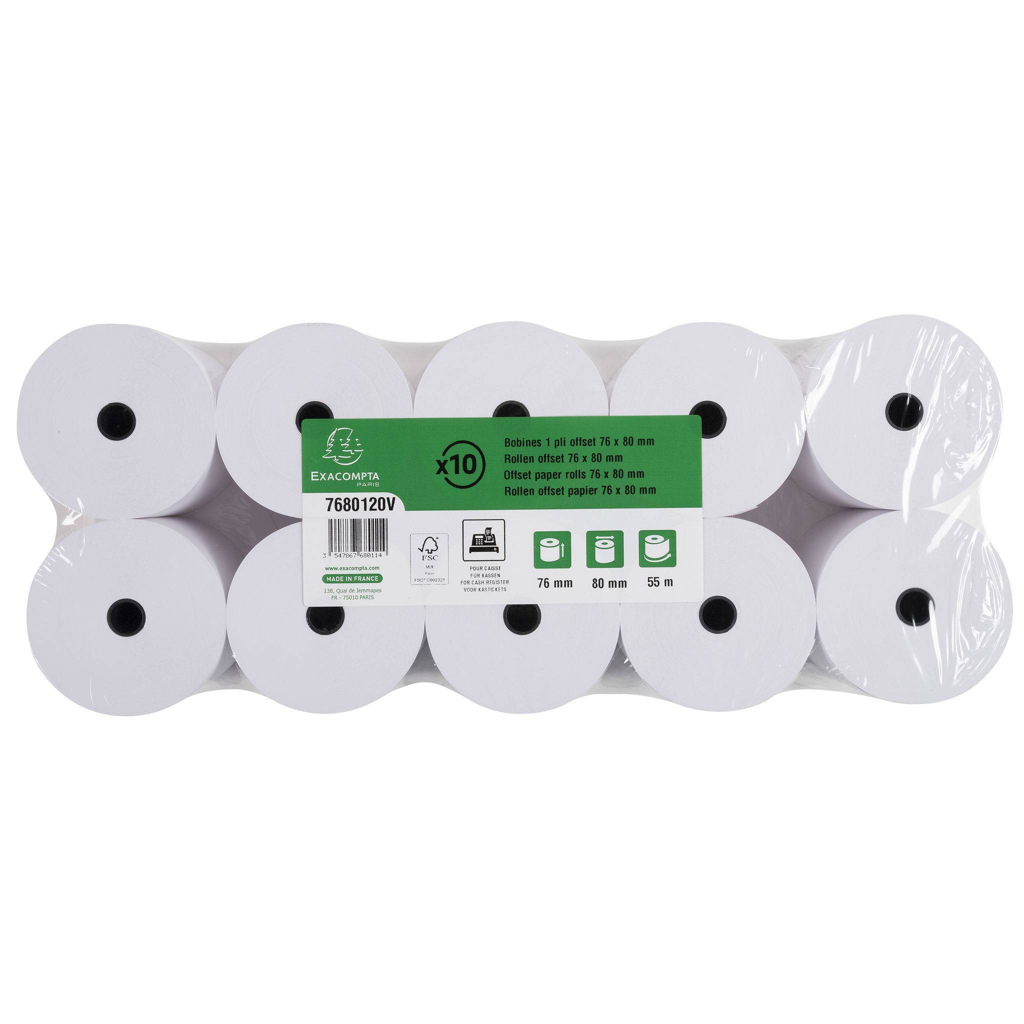 Exacompta 50x Kassenrolle 1-lagig Offset 60g/m2 76x80mx12 - Weiß - 7680120V