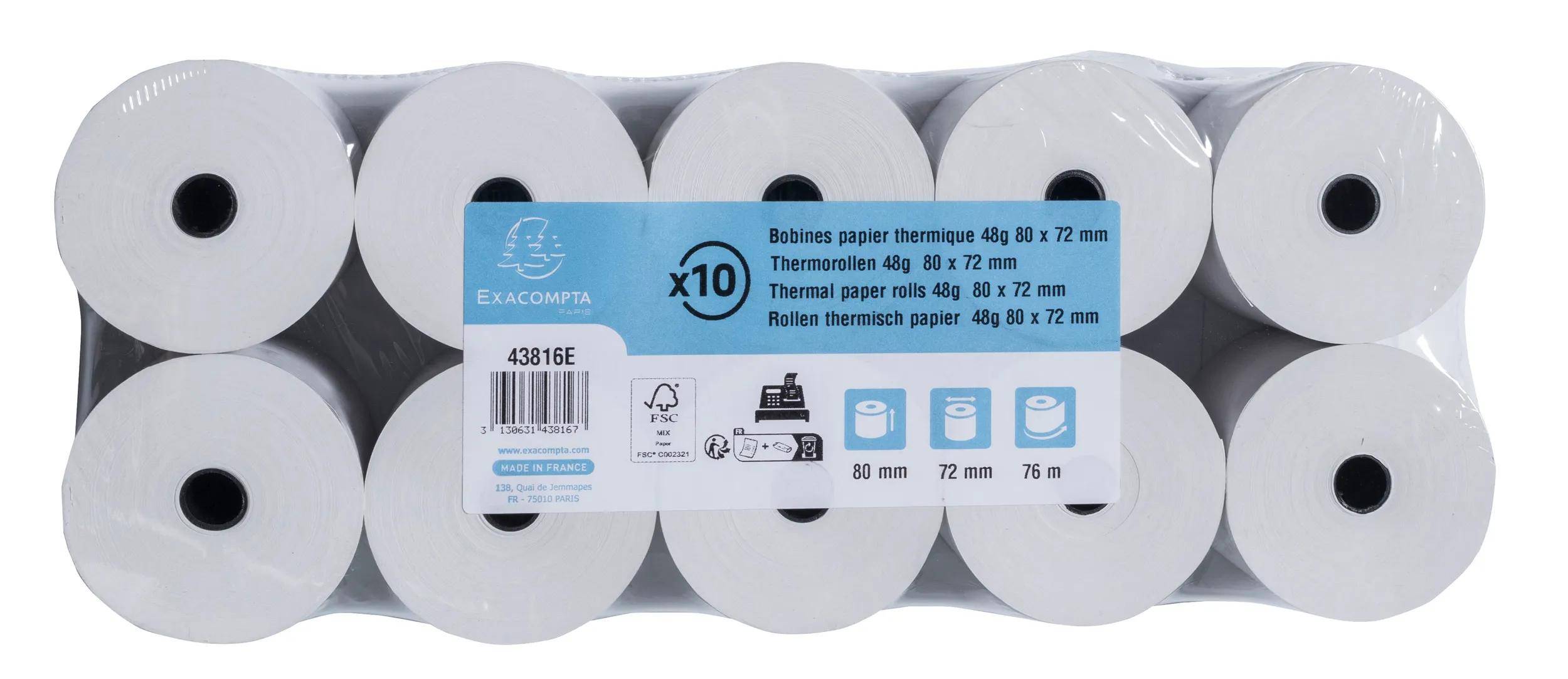 Exacompta 30x Rolle 1-lagig thermisch Kasse 55g Br: 80mm L: 76m Weiß 43816E