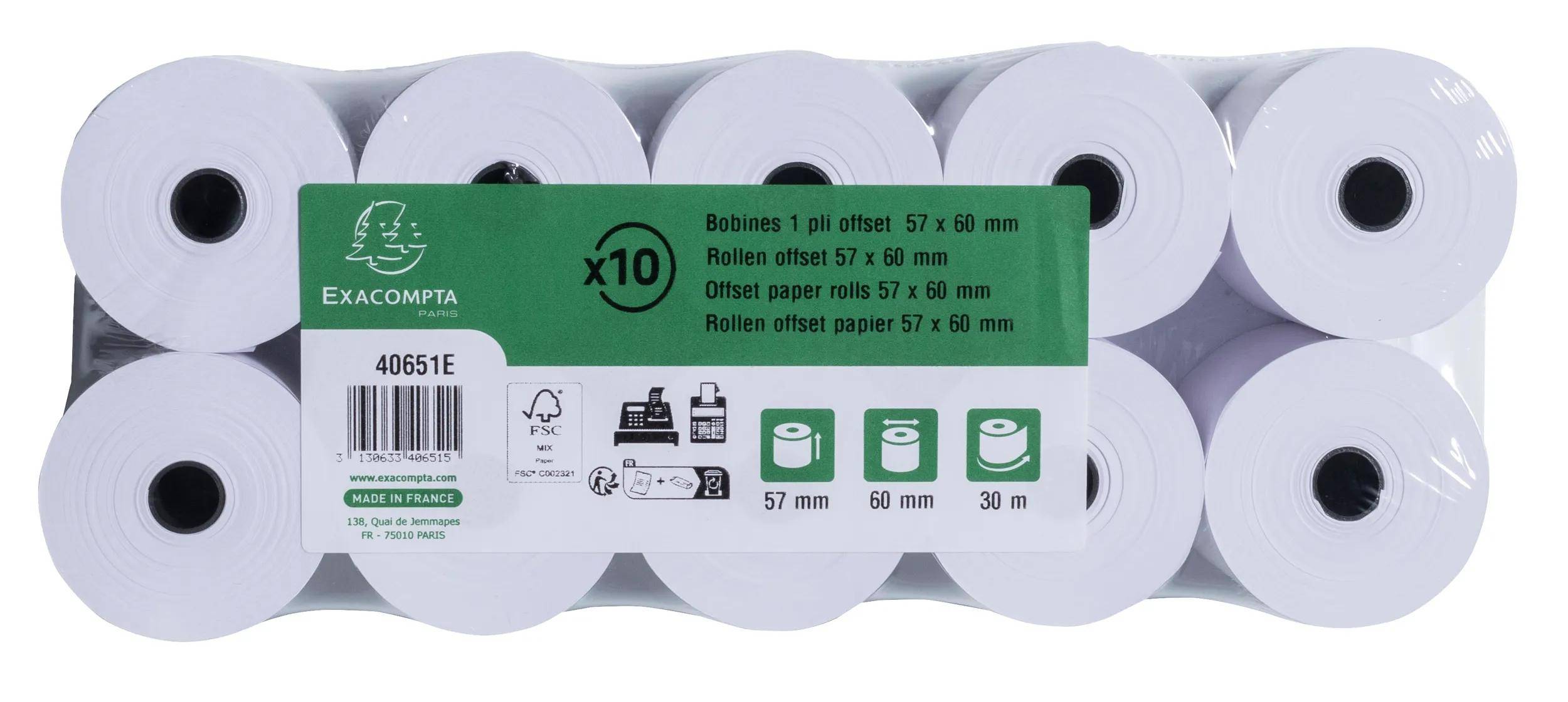 Exacompta 50x Rolle 1-lagig Offset 60g/m2 57x33mx12 - Weiß - 40651E