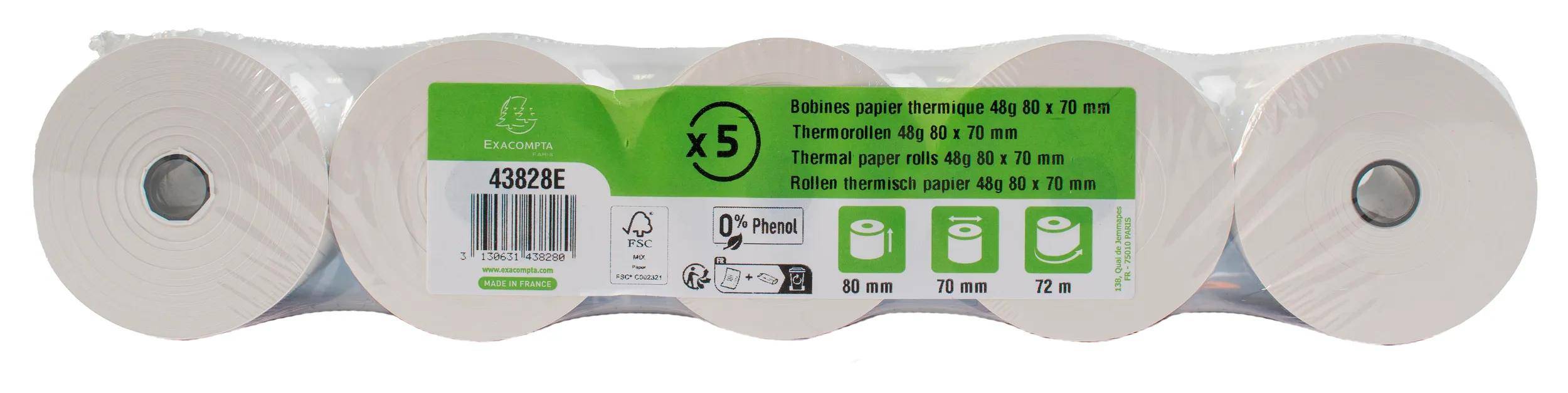 Exacompta 20x 1-lagige thermische Kassenrolle 48g 80x70mm Länge 72m Weiß 43828E