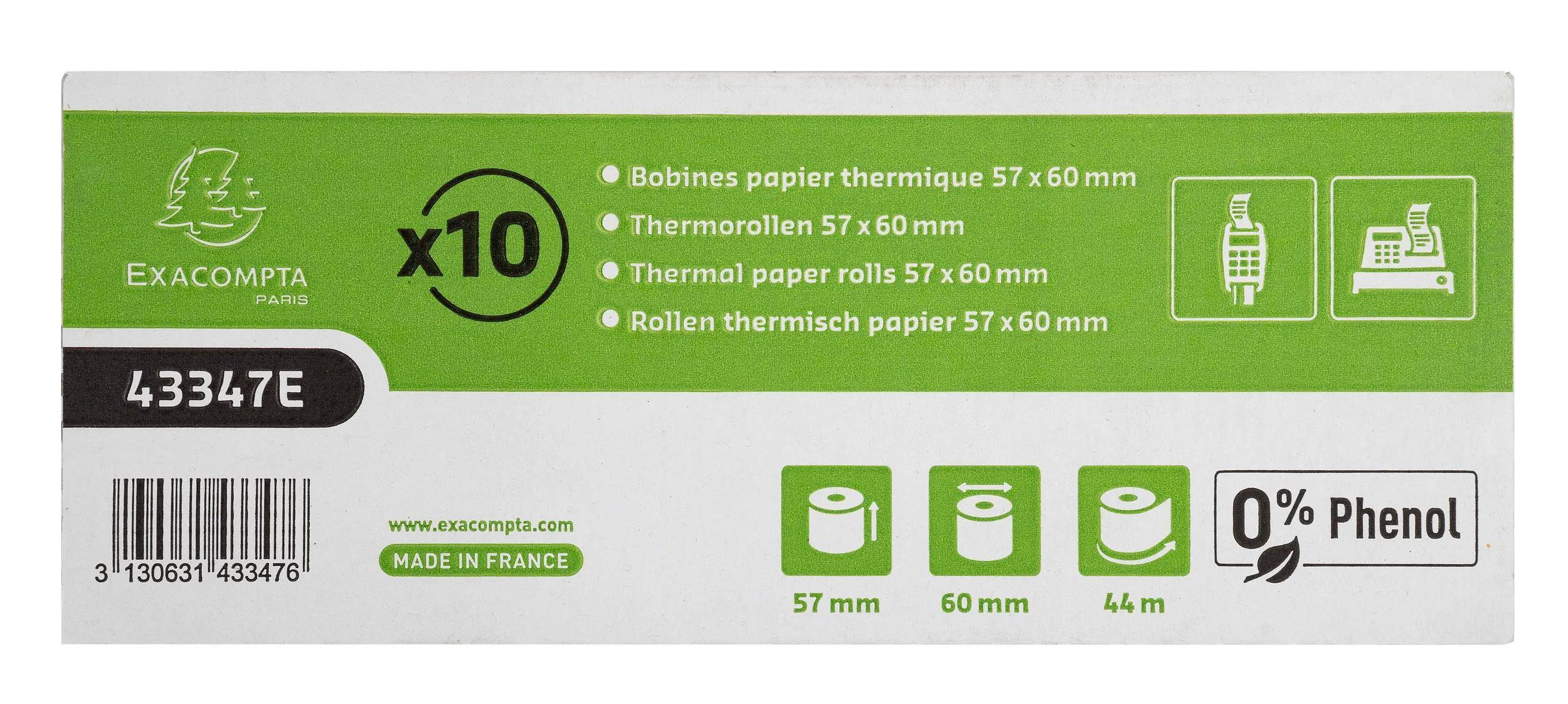 Exacompta 60x Thermorolle für Kassen EC 57x60mm 1-lagig 55g/m2 Weiß 43347E