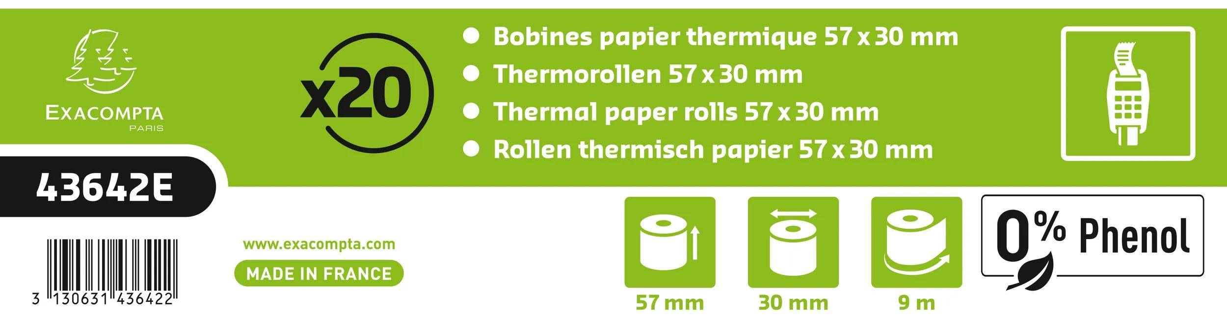 Exacompta 120x Thermorolle für Kartenzahlung 57x30mm 1-lagig 55g/m2 Weiß 43642E