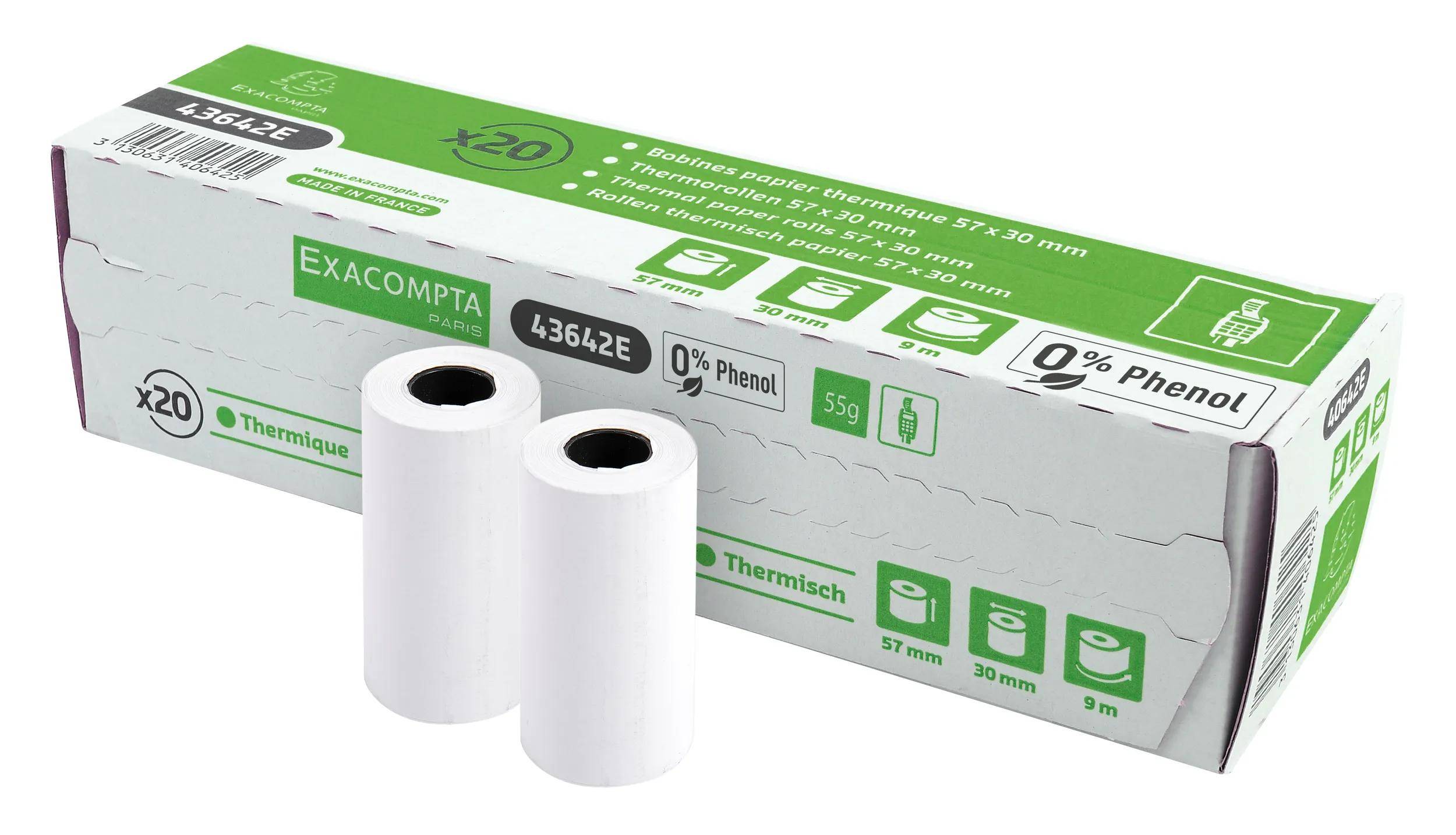 Exacompta 120x Thermorolle für Kartenzahlung 57x30mm 1-lagig 55g/m2 Weiß 43642E