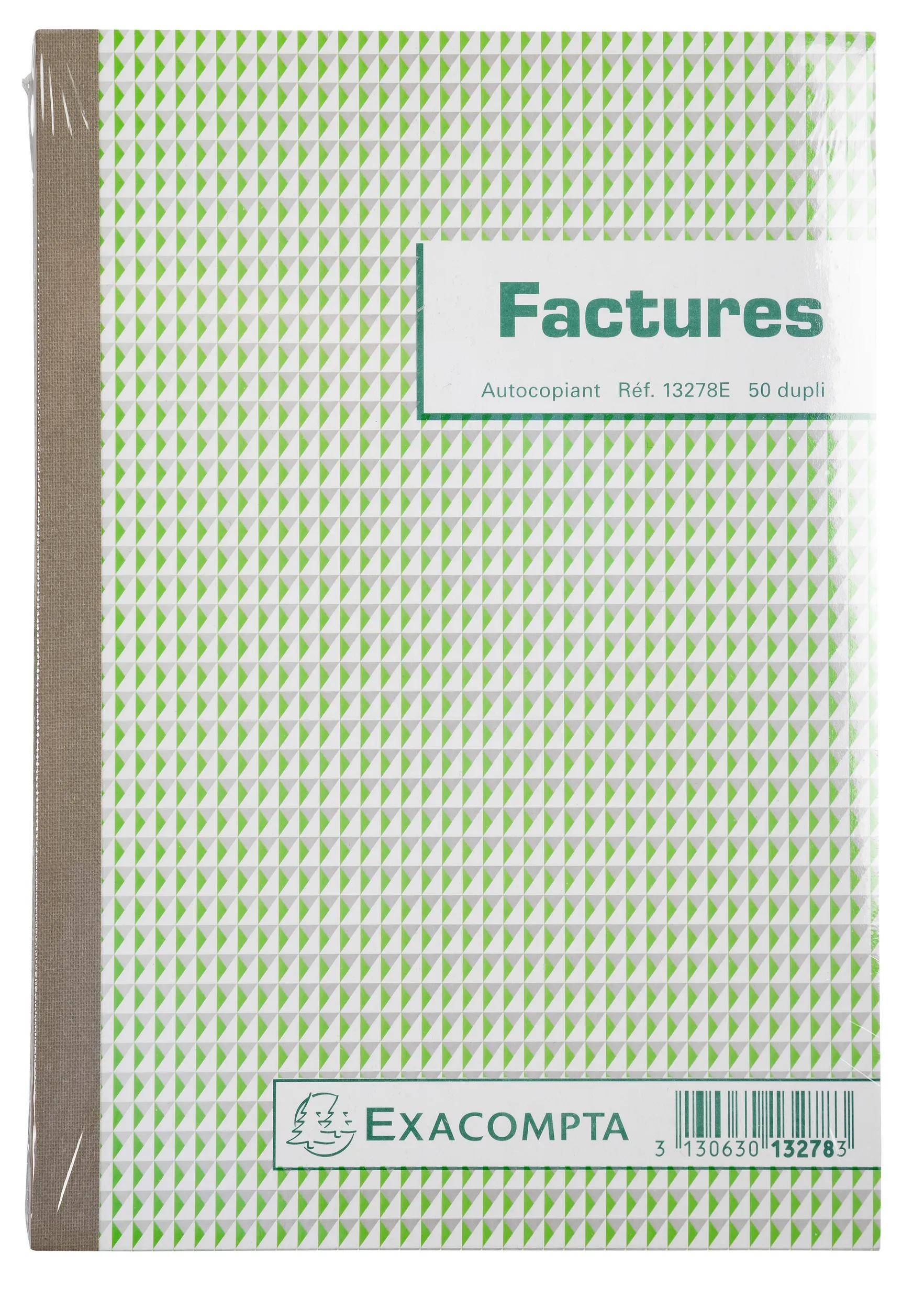 Ein Notizbuch mit einem grünen und weißen dreieckigen Muster auf dem Umschlag mit der Bezeichnung „Factures