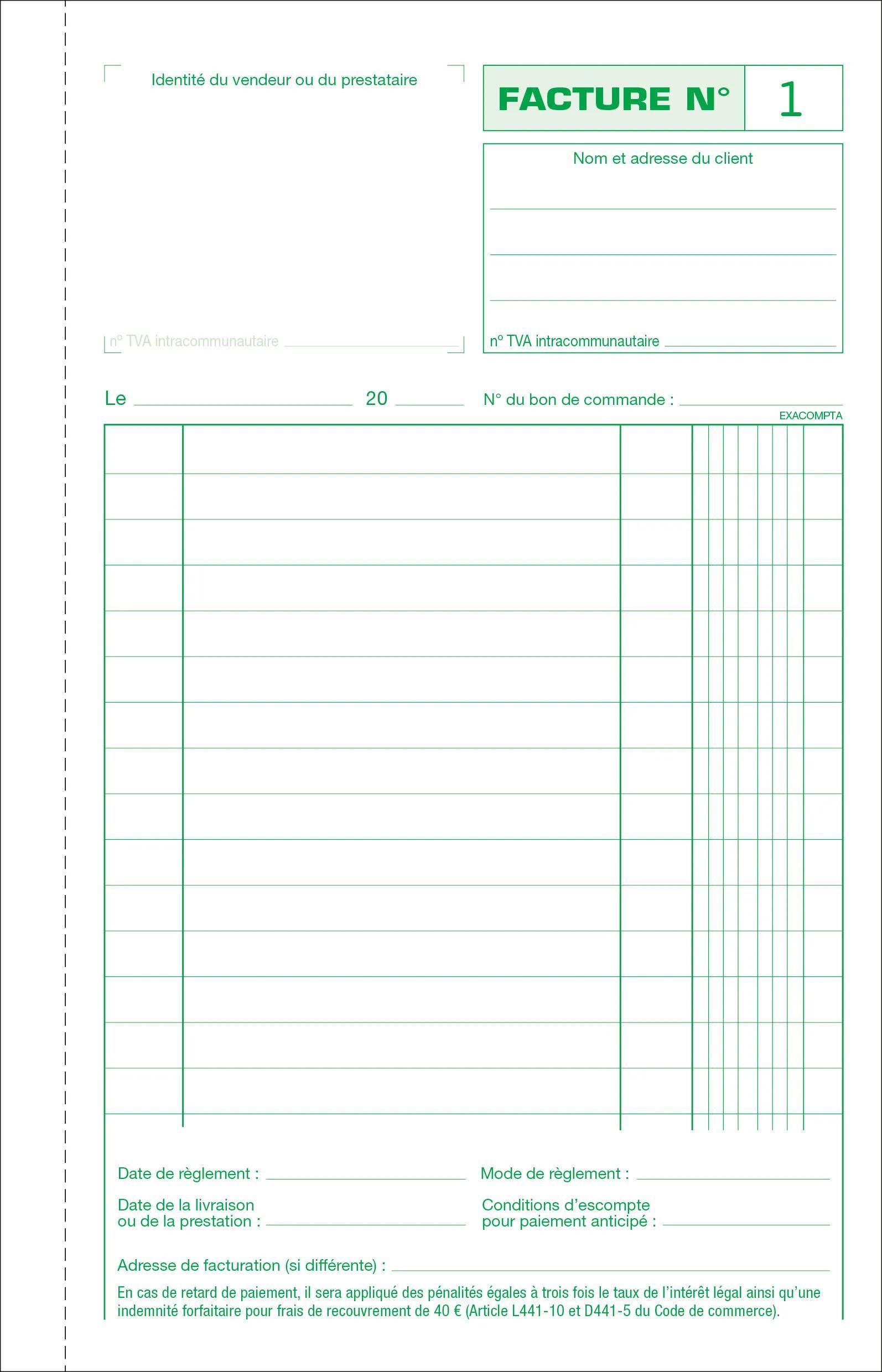 Ein leeres Rechnungsformular mit Abschnitten für Mehrwertsteuer, Bestellnummer, Datum und Spalten für detaillierte Artikelauflistung.