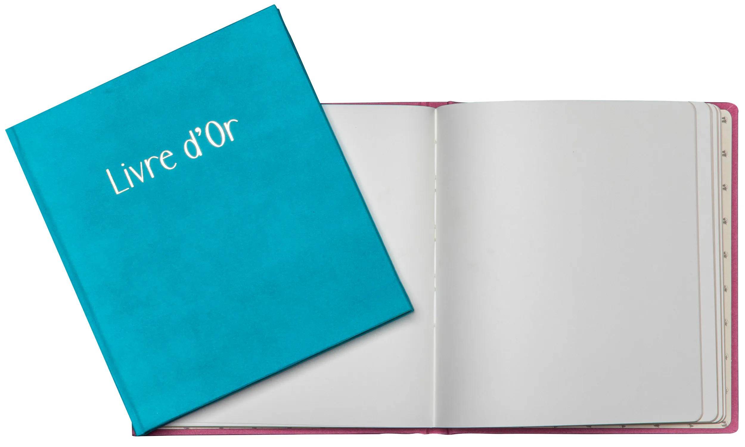 Ein türkisfarbenes Fotobuch mit dem Titel „Livre d'Or