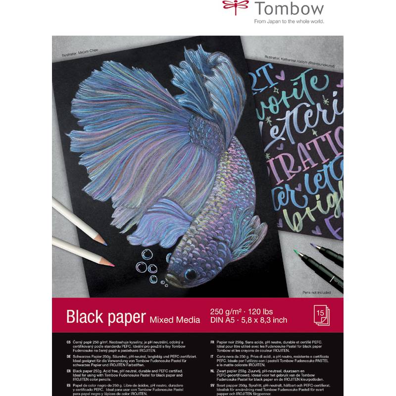 Produktverpackung für Tombow Schwarzpapier Mixed Media mit einer farbenfrohen Fischzeichnung und einer Kalligraphie-Probe auf schwarzen Blättern.