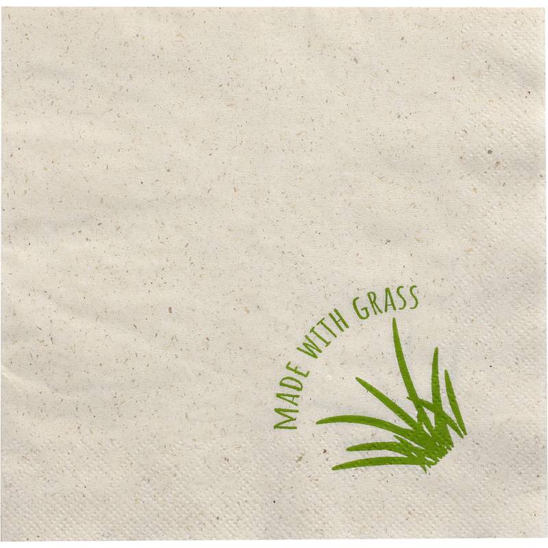 Beigefarbener strukturierter Stoff mit grünem Logo „MADE WITH GRASS