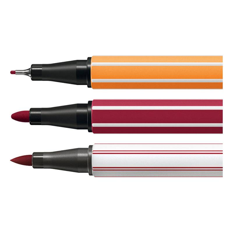 Drei Marker horizontal angeordnet in Orange, Rot und Weiß. Jeder Marker hat eine andere Spitze: fein, mittel und breit.