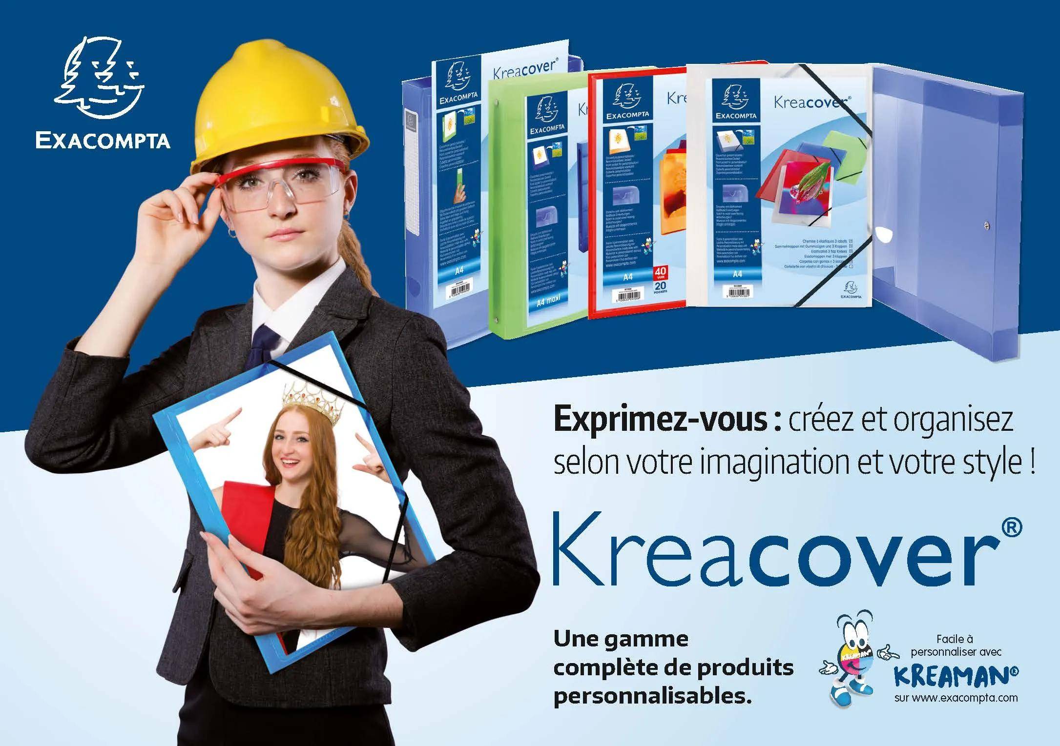 Eine junge Frau mit gelbem Schutzhelm und Brille hält ein Foto von sich selbst. Text: Nutzen Sie Ihre Fantasie: erstellen und gestalten Sie. Kreacover.