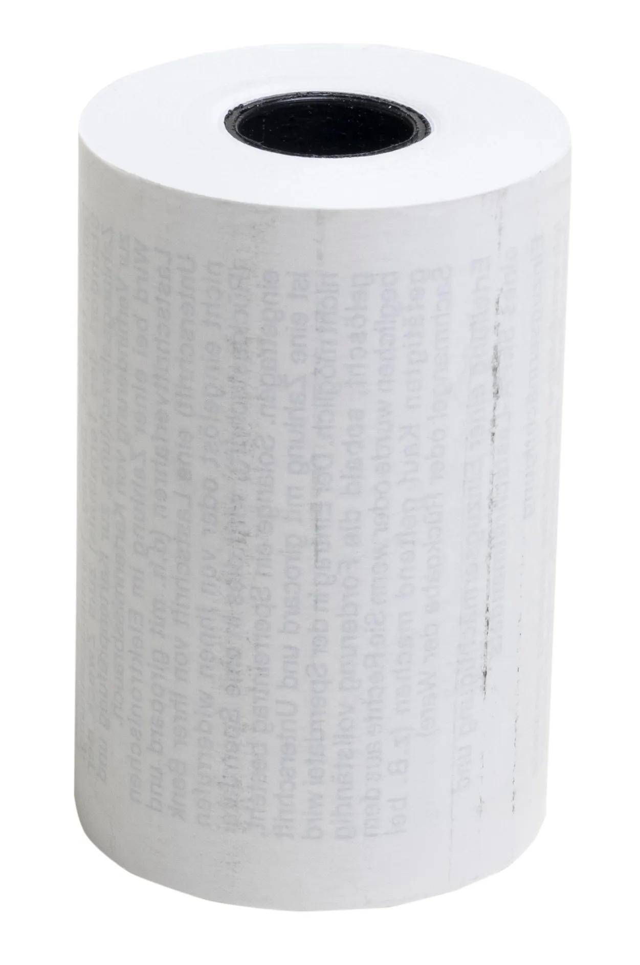 „Eine weiße Rolle Thermobon-Papier mit Text, der in grauer Schrift auf der Seite gedruckt ist.
