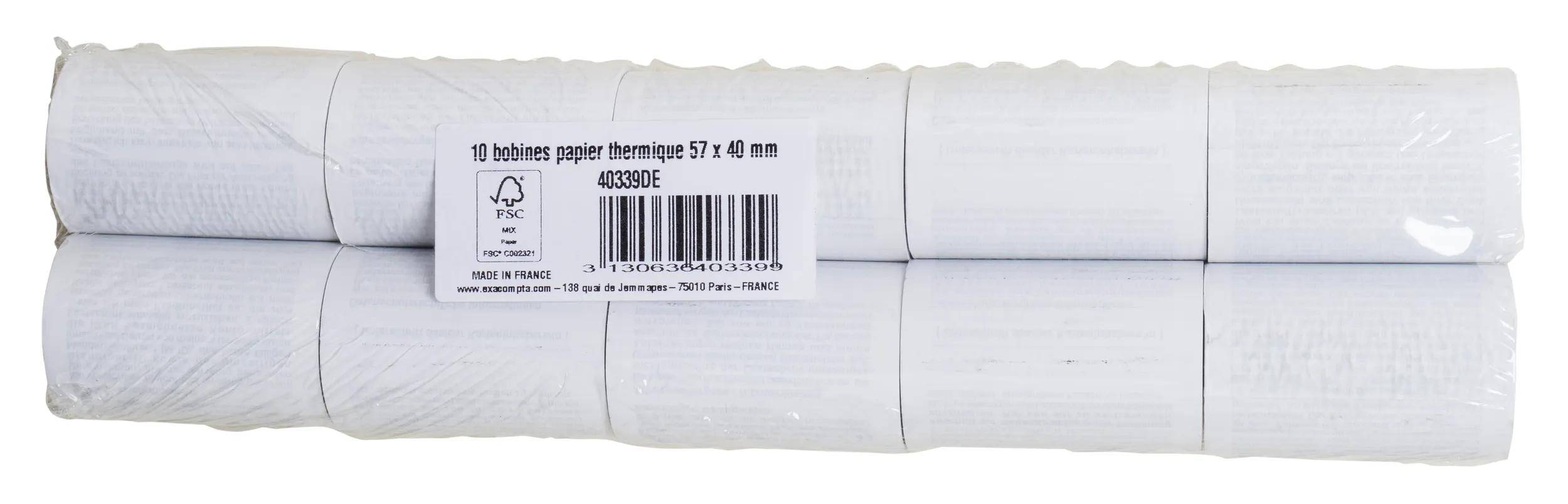 6 Rollen Thermopapier 57 x 40 mm mit Barcode und Nummer '40339DE' sichtbar; Paketaufkleber für Thermopapierrollen.