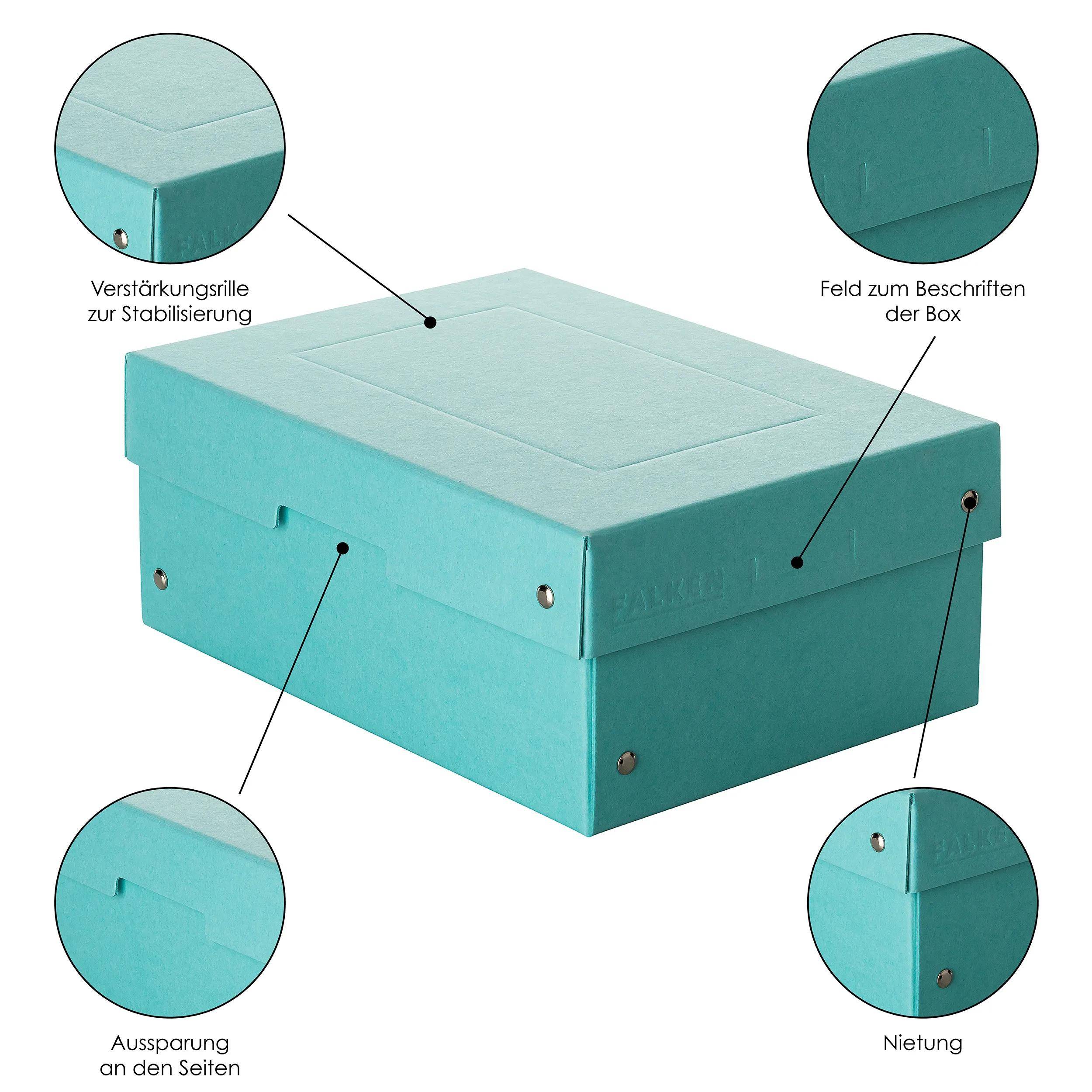 Türkisfarbene Lagerkiste mit hervorgehobenen Merkmalen: Verstärkungsrillen, Beschriftungsfeld, seitliche Ausschnitte und Nieten.