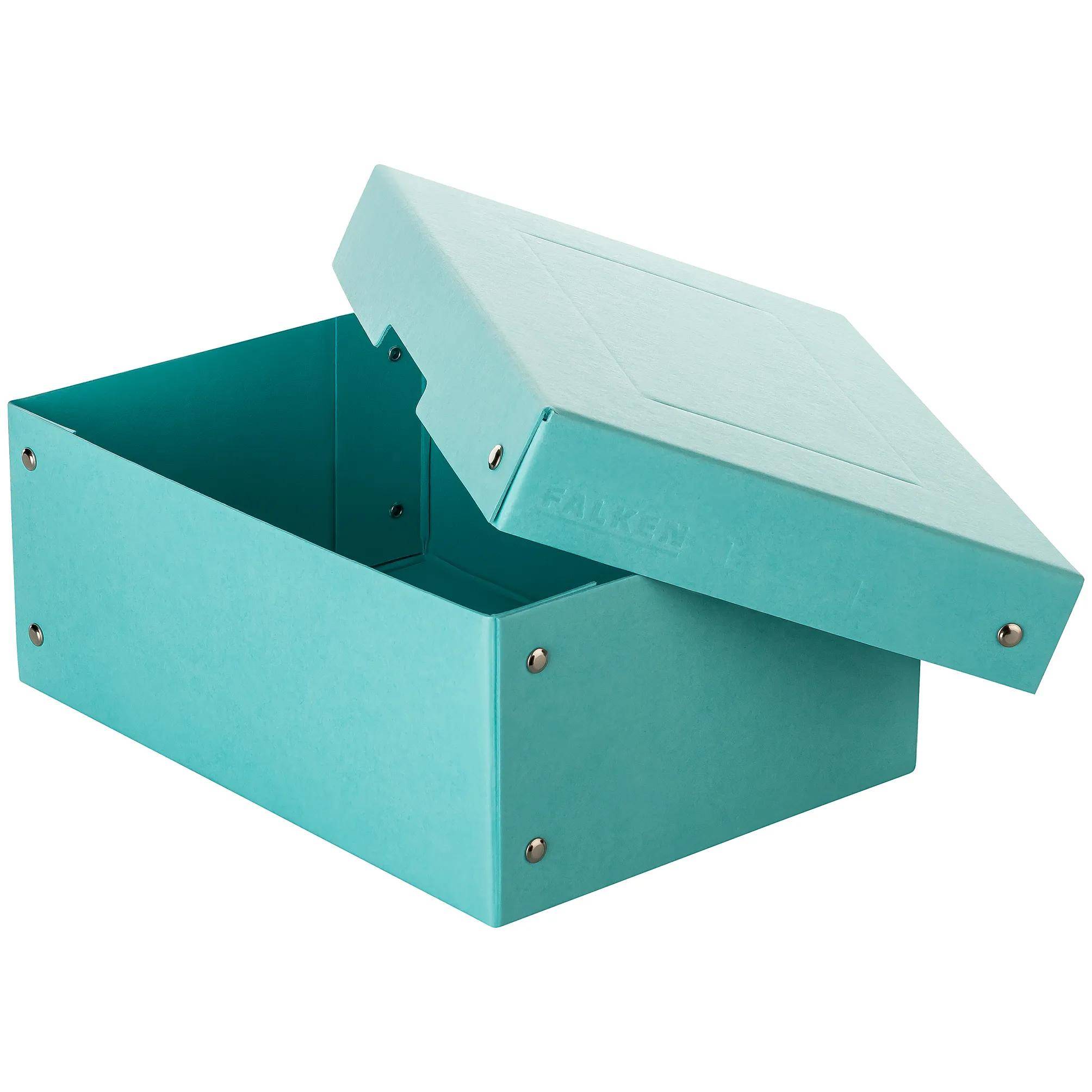 Eine offene türkisfarbene Aufbewahrungsbox mit aufgehobenem Scharnierdeckel, der das Innere zeigt.