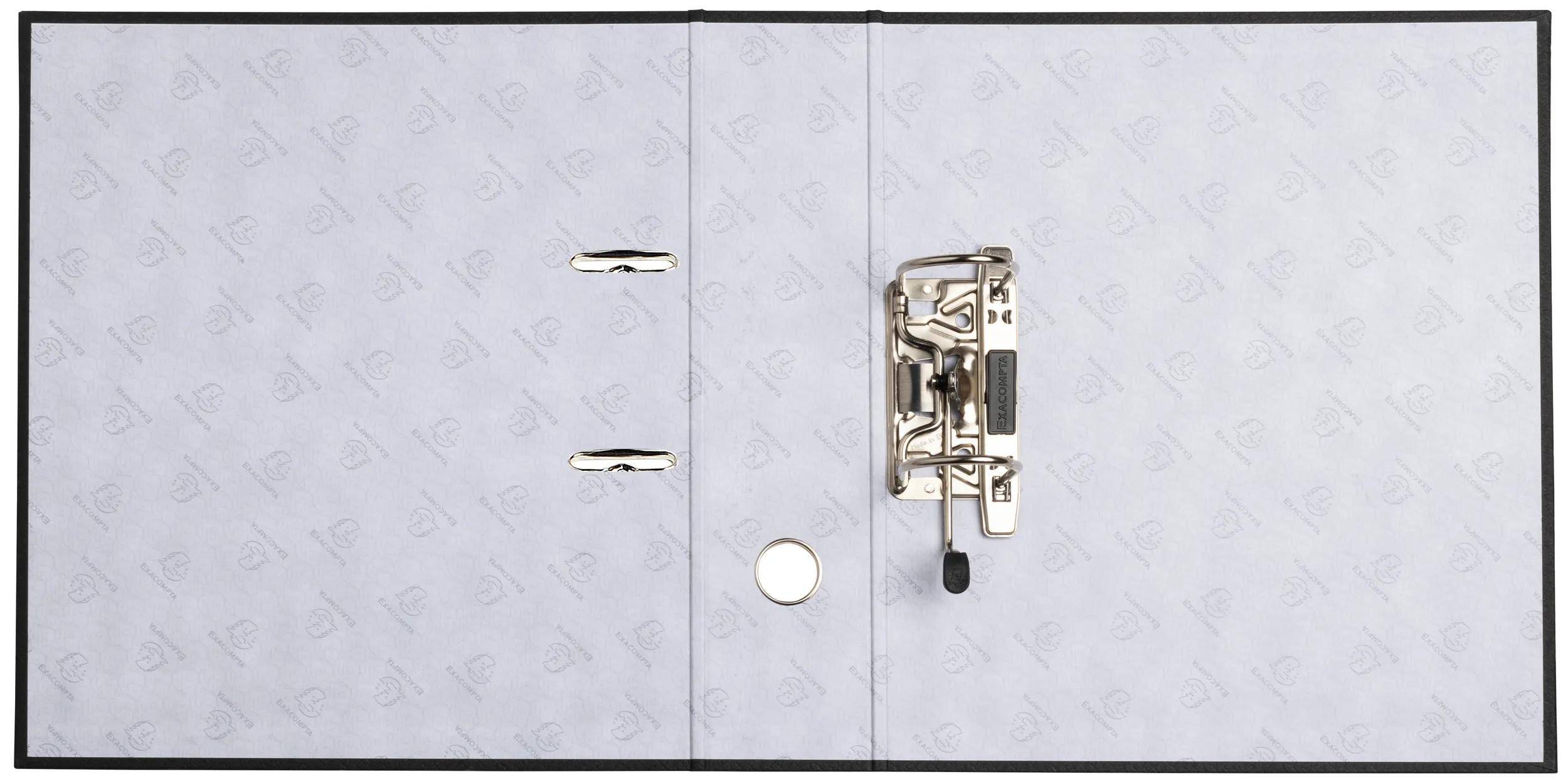 Eine Nahaufnahme eines weißen Ordners, der geöffnet ist und einen Metallhebelmechanismus mit Spitzen zum Halten von Papieren zeigt.