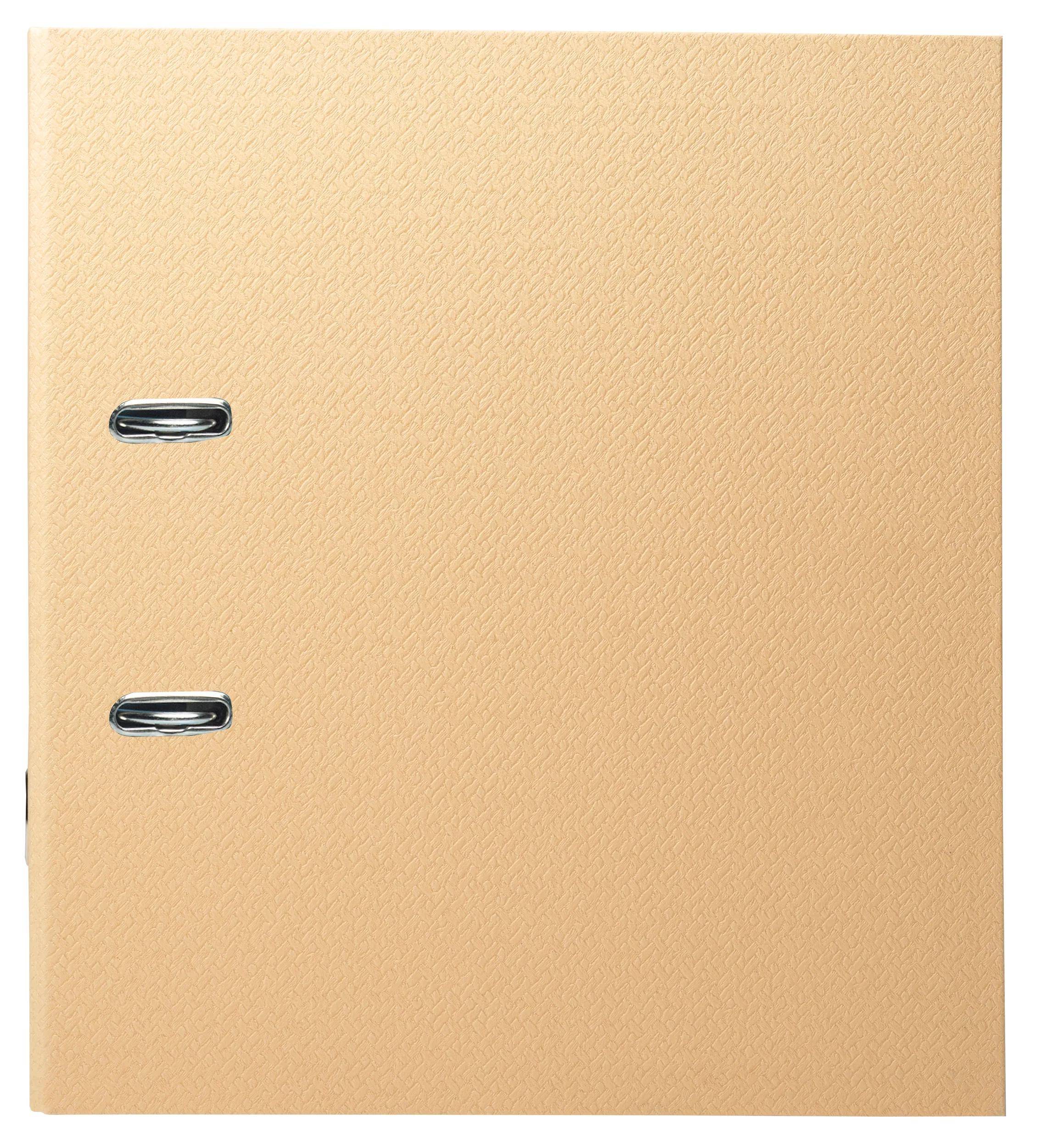 Ein beiger Kartonordner mit Metallhebelmechanismus, verwendet zur Organisation und Aufbewahrung von Dokumenten.