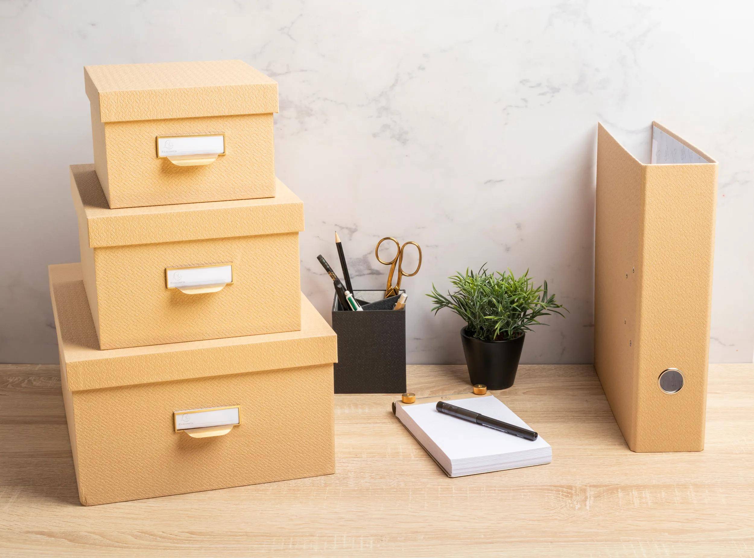 Gestapelte beige Aufbewahrungsboxen, ein schwarzer Behälter mit Stiften und Schere, eine kleine Topfpflanze und ein Notizbuch mit einem Stift auf einer hellen Holzoberfläche.