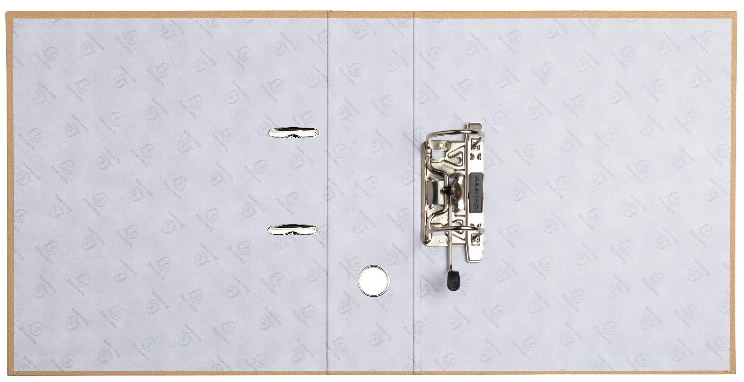 Innenansicht eines offenen Ringordners mit Metallklammern und einer Papierrückseite.