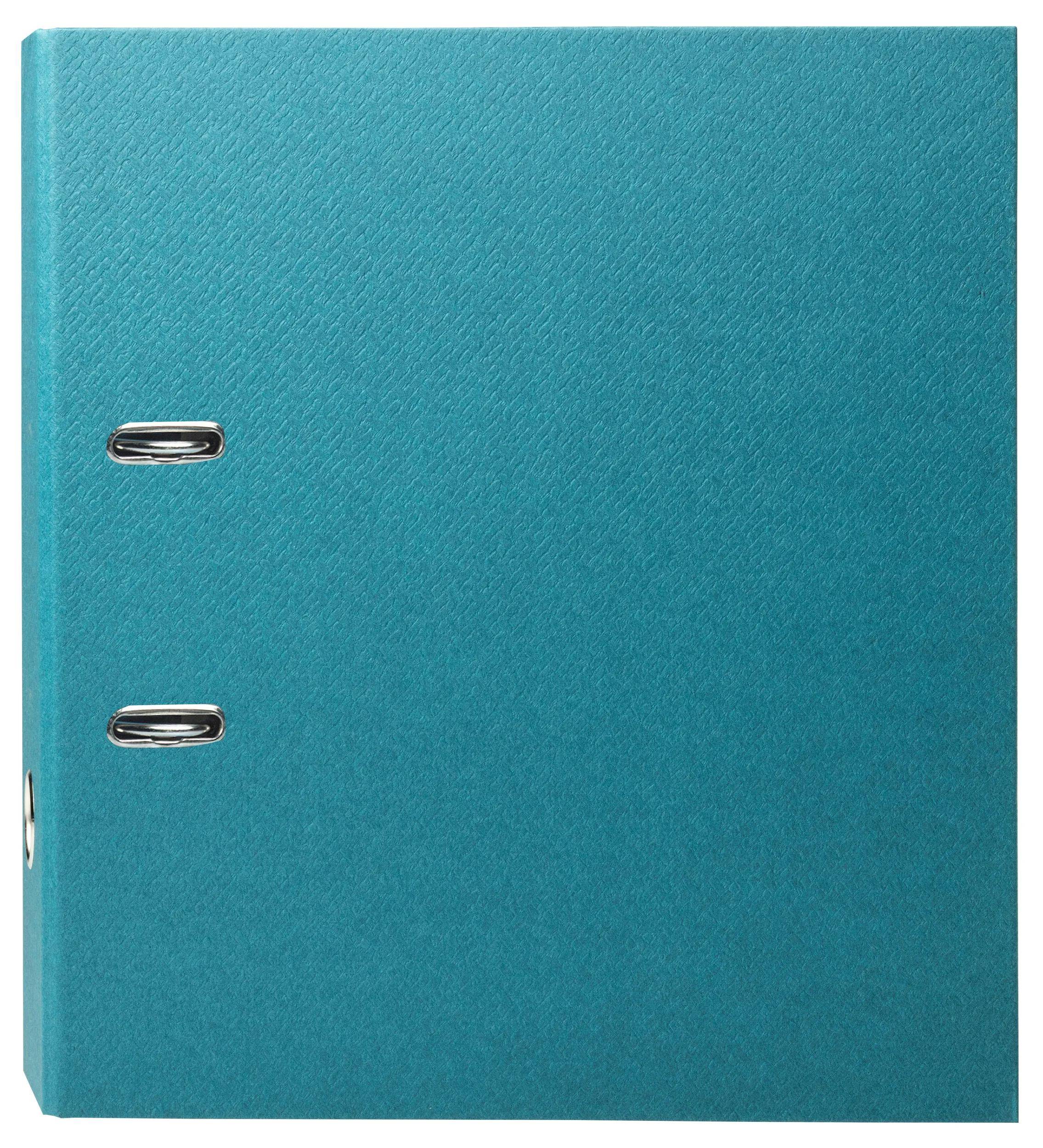 Ein aufrecht stehender blauer Ringordner mit Metallringen, verwendet zum Organisieren von Dokumenten.