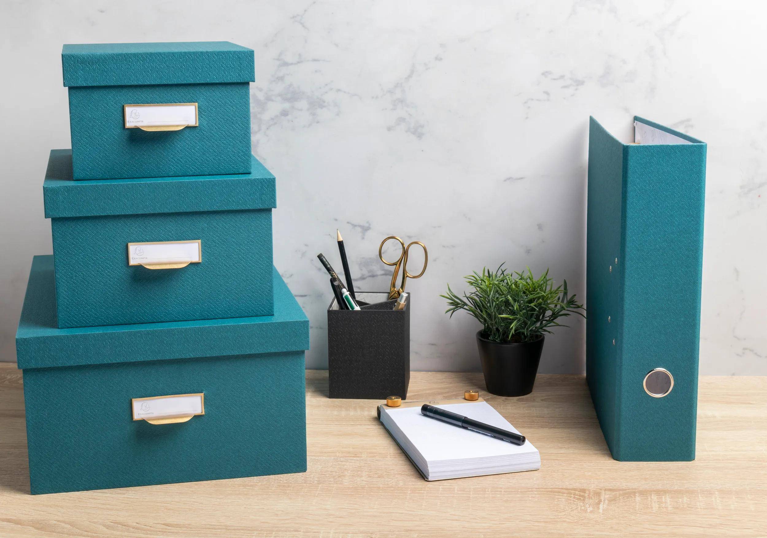 Ein Schreibtisch mit türkisfarbenen Aufbewahrungsboxen, die auf der linken Seite gestapelt sind, einem Stift- und Bleistifthalter, einer kleinen Topfpflanze in der Mitte und einem türkisfarbenen Ordner auf der rechten Seite.