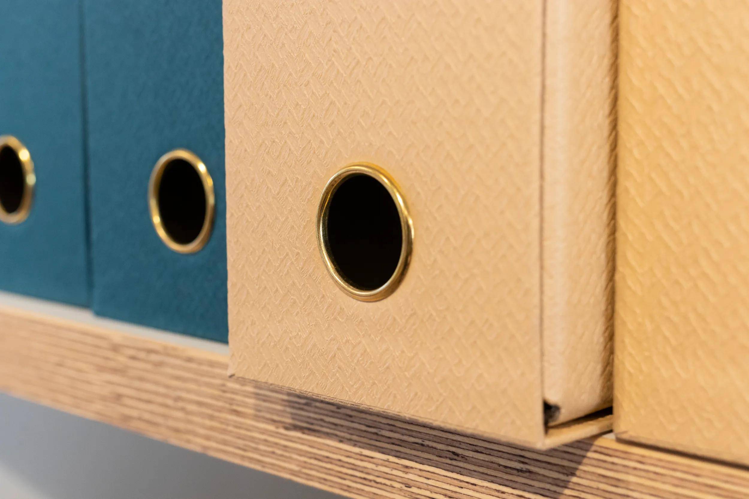 Nahaufnahme von zwei strukturierten Aktenkästen, einer beige und einer blaugrün, auf einem Holzregal. Die runden Öffnungen auf dem Rücken sind sichtbar.