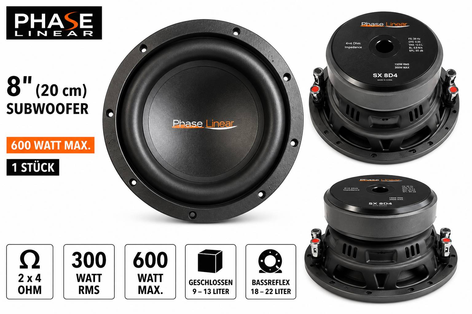 Phase Linear 8-Zoll-Subwoofer Produktbild mit Vorder- und Rückansicht des Lautsprechers, mit Spezifikationen: 300 W RMS, 600 W max, 2 x 4 Ohm, für geschlossene oder Bassreflexgehäuse.