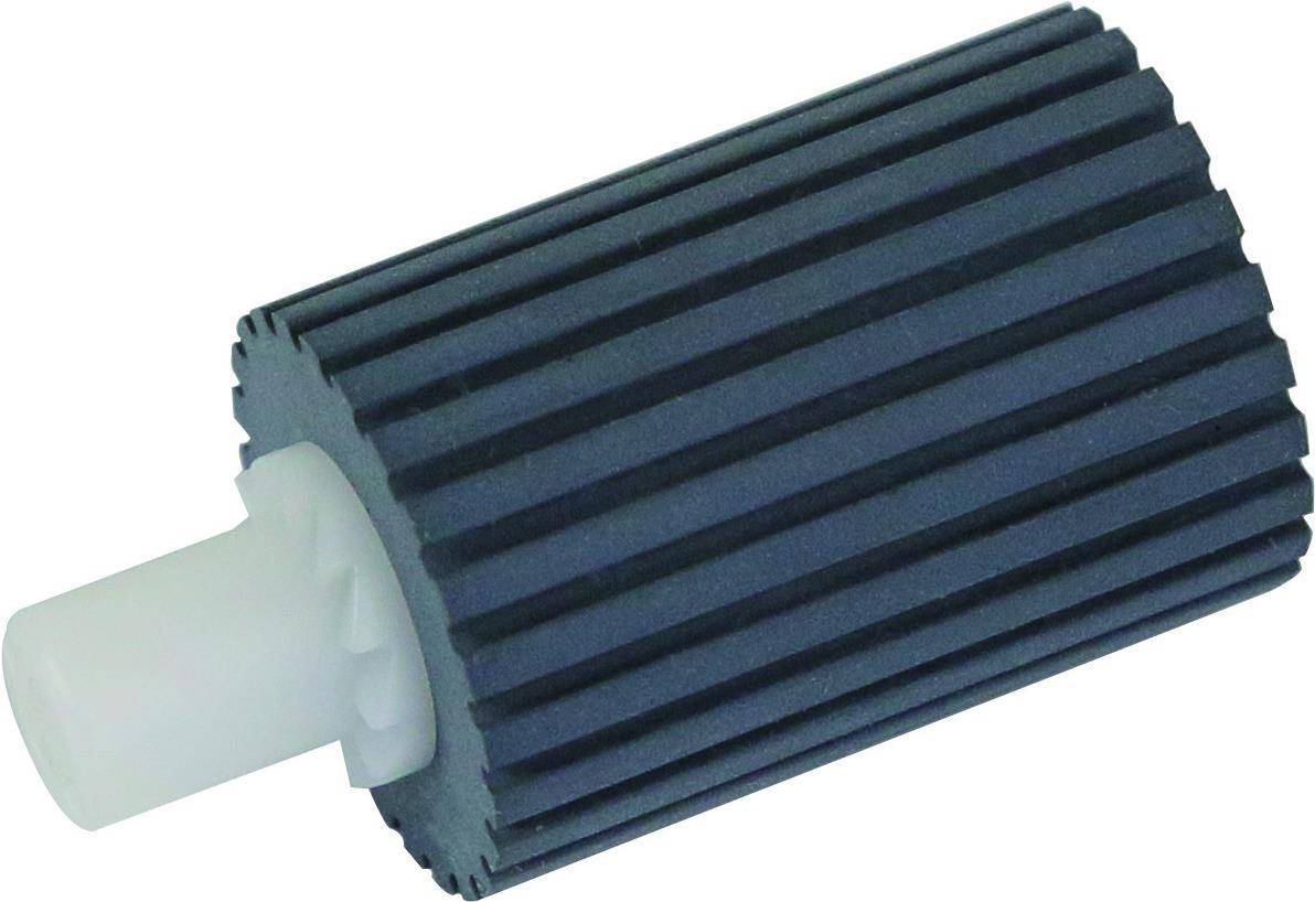 Eine Gummiwalze mit einer weißen Kunststoffspindel, wahrscheinlich ein Teil eines Druckers oder Kopiergeräts, die die gerillte Textur der Gummieroberfläche zeigt.