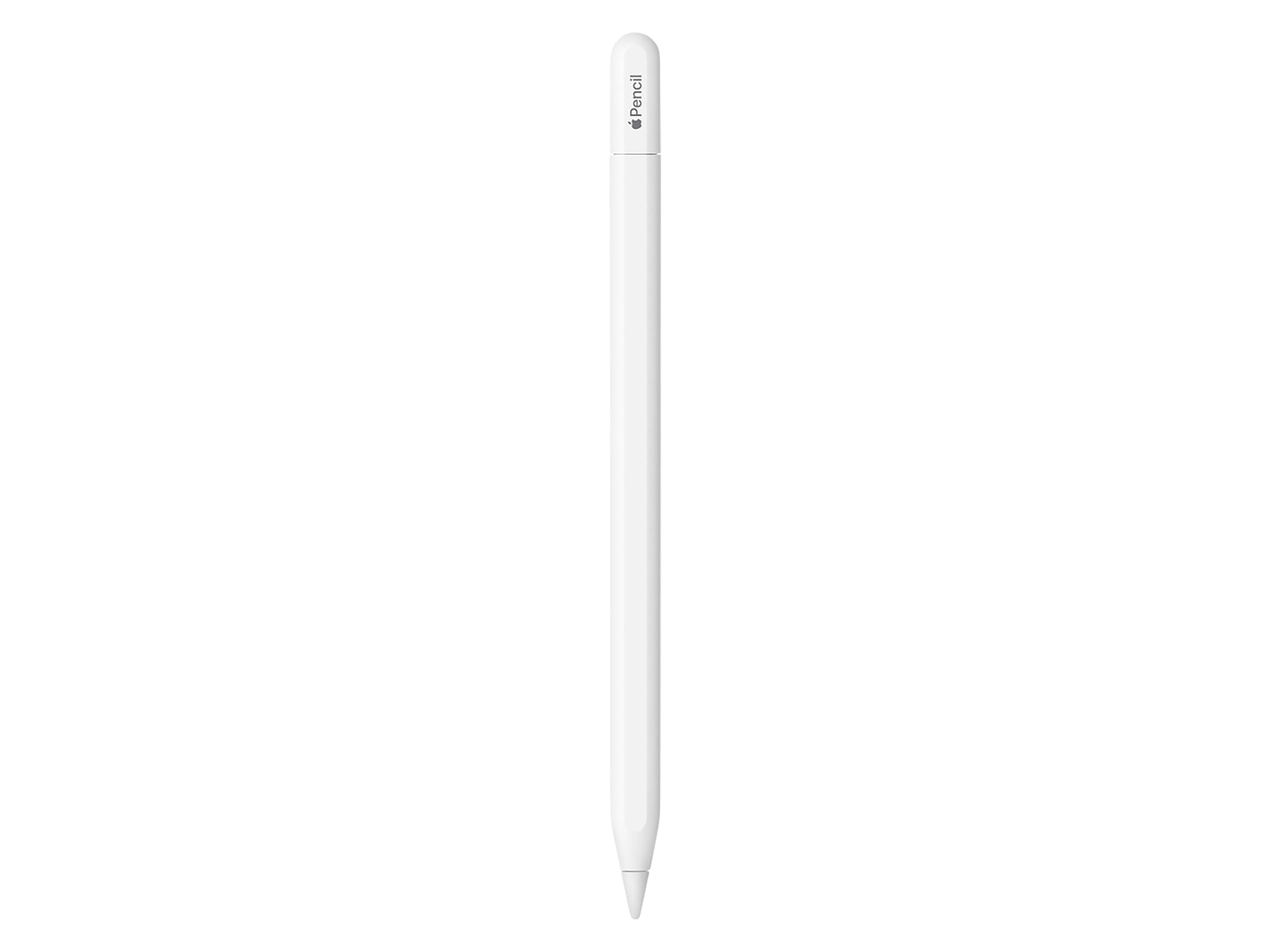 Ein weißer Stylus-Stift, der einer traditionellen Bleistift ähnelt, mit abgerundetem Ende und spitzer Spitze, entwickelt zur Verwendung auf Tablets.