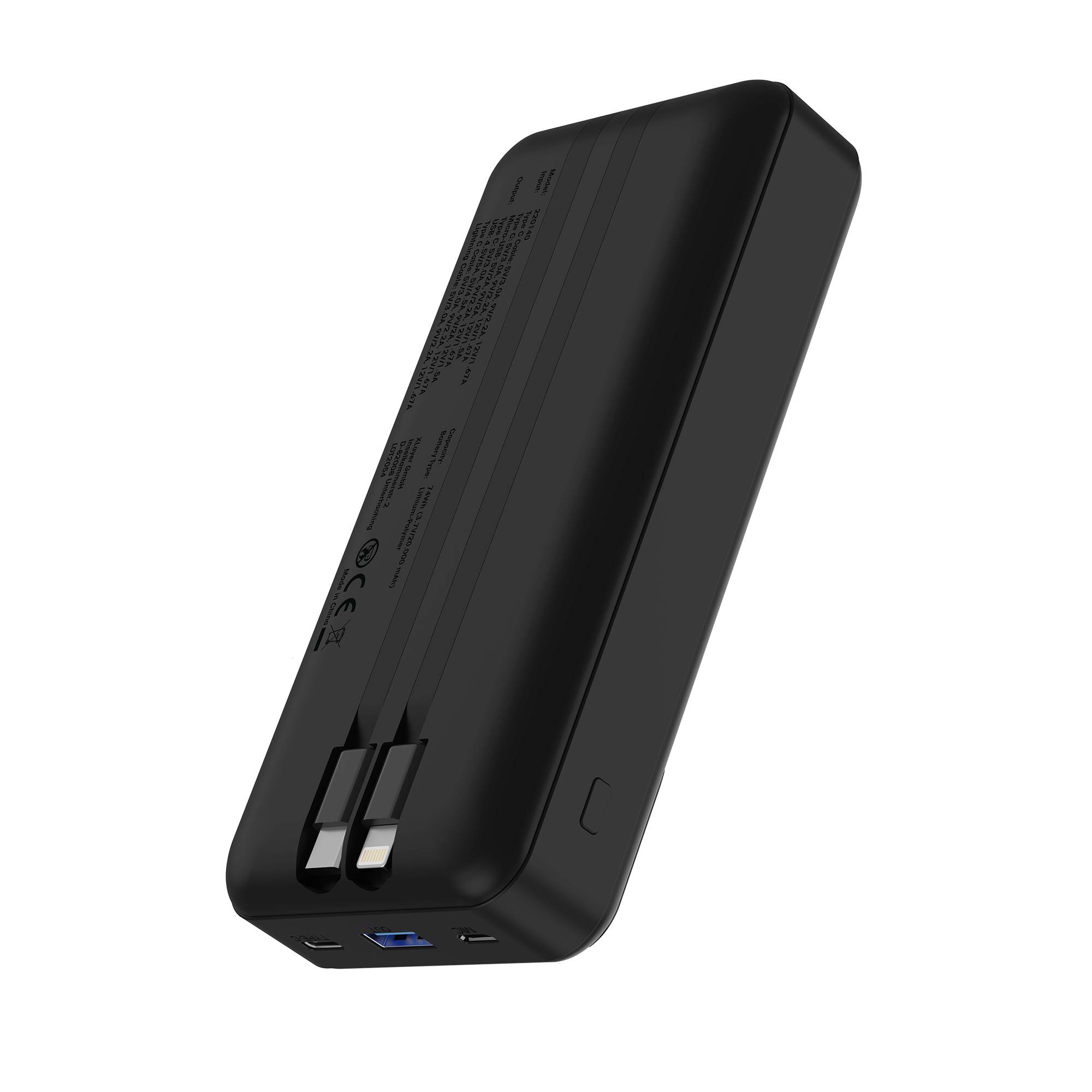XLayer Powerbank 20.000 mAh mit zwei integrierten Kabeln PD 20W Black