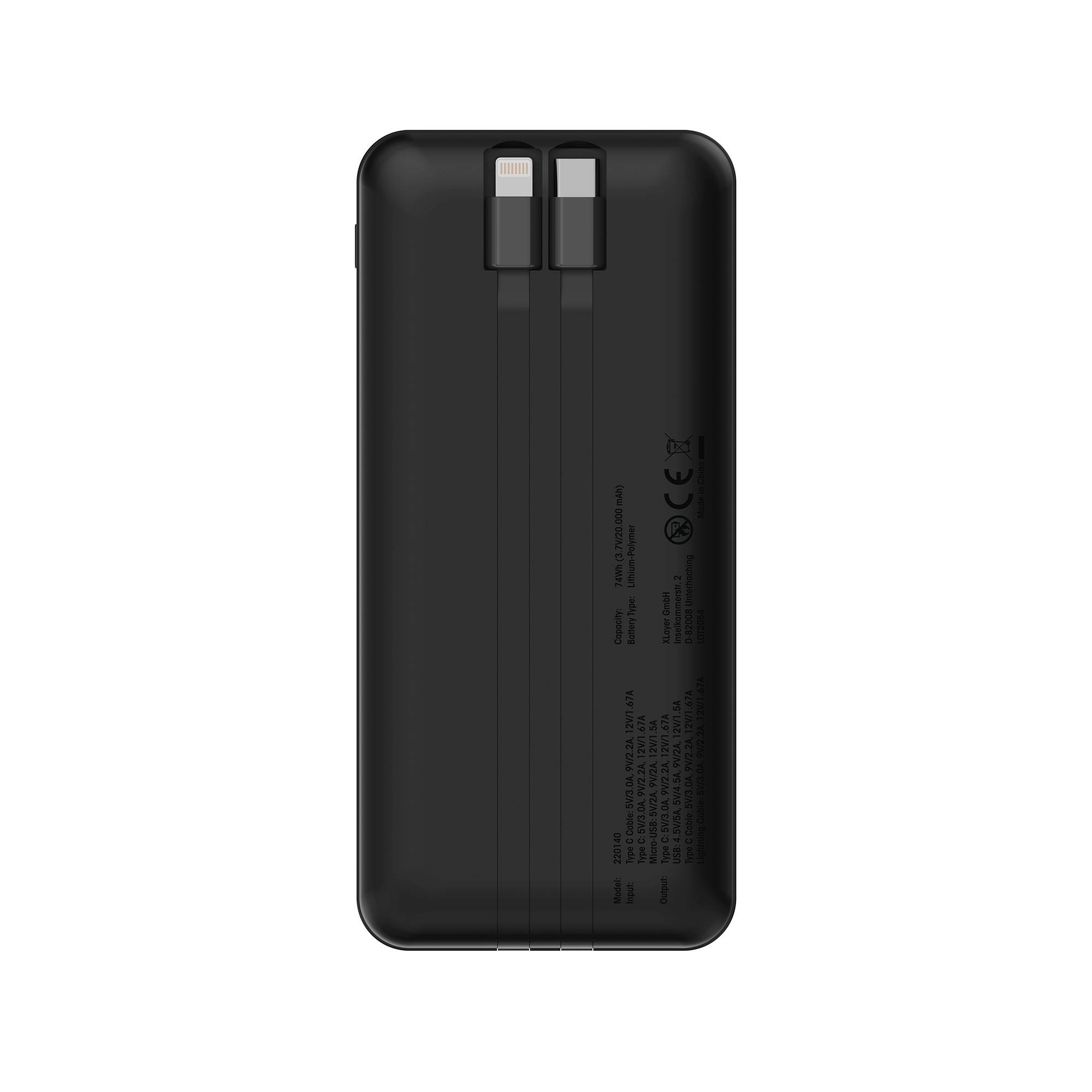 XLayer Powerbank 20.000 mAh mit zwei integrierten Kabeln PD 20W Black