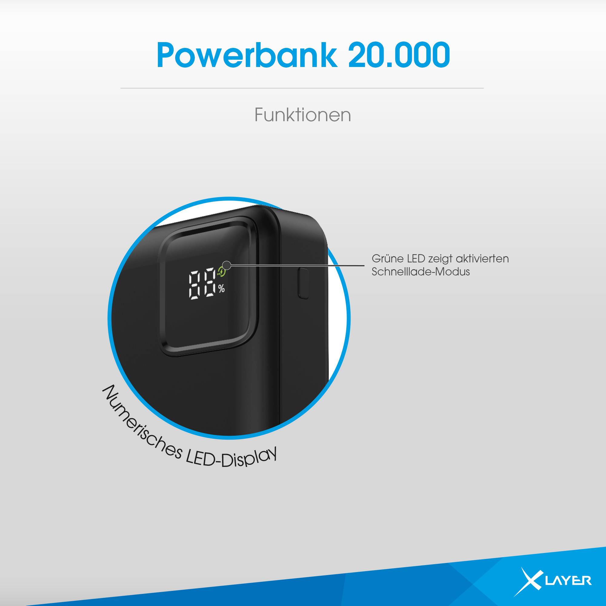 XLayer Powerbank 20.000 mAh mit zwei integrierten Kabeln PD 20W Black