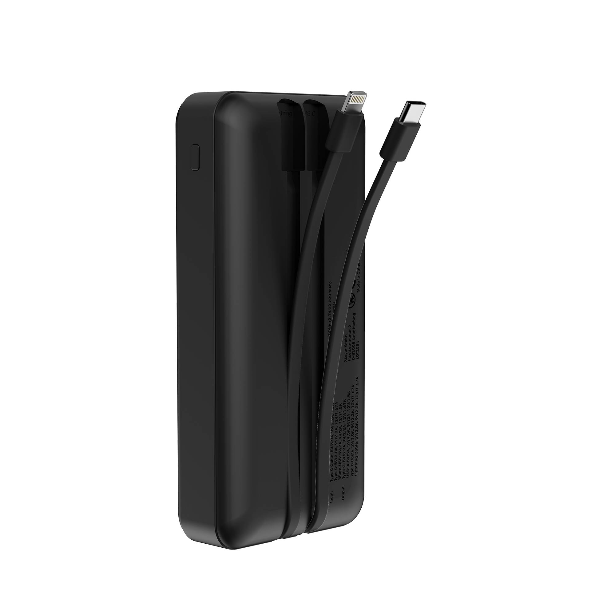 XLayer Powerbank 20.000 mAh mit zwei integrierten Kabeln PD 20W Black