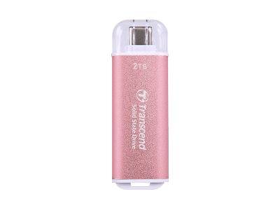 Rosa Transcend 2TB USB-Speicherstick mit durchsichtiger Kappe, vor weißem Hintergrund gezeigt.