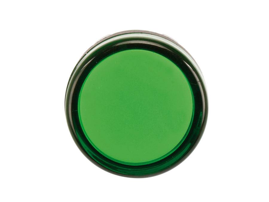 Ein runder grüner Knopf von oben betrachtet, zentriert auf weißem Hintergrund.
