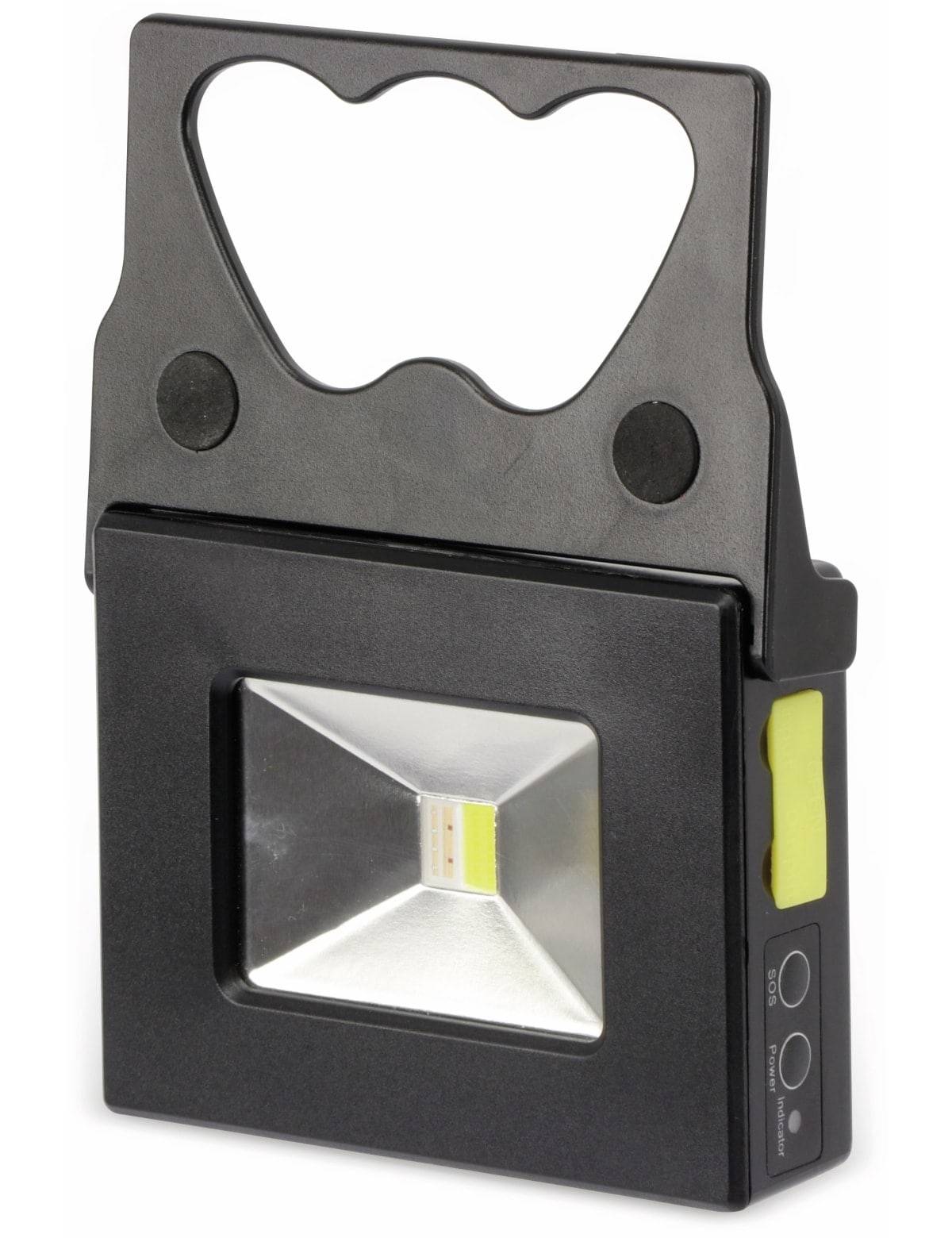 Ein tragbares schwarzes LED-Flutlicht mit quadratischer reflektierender Fläche, verstellbarem Griff und seitlichen Steuertasten für Helligkeitseinstellungen.