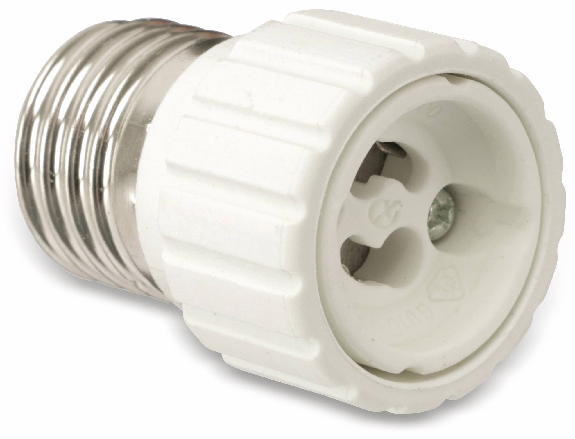 Eine Nahaufnahme eines weißen, kunststoffartigen Glühbirnensockeladapters mit einer Schraubbasis, der zum Umwandeln einer Leuchte entwickelt wurde.