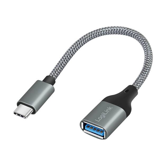 Ein geflochtenes USB-C-zu-USB-A-Adapterkabel, grau mit silbernen Anschlüssen, mit der Bezeichnung „LogiLink