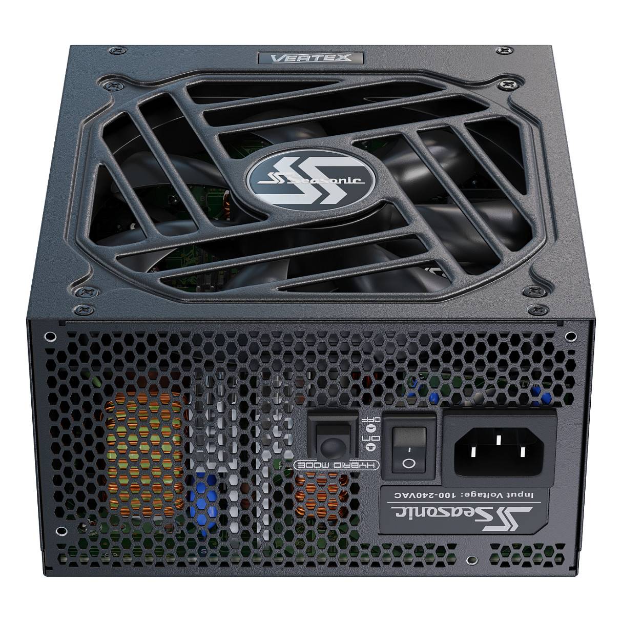 Eine schwarze Seasonic-Stromversorgungseinheit mit einem sichtbaren Lüfter oben und mehreren Anschlüssen auf der Rückseite, entworfen für Computer-Builds.