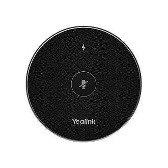 Ein rundes schwarzes Yealink-Mikrofon mit einem Stummschaltsymbol in der Mitte und einem Blitzsymbol darüber.