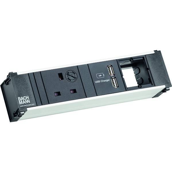 Ein Steckdosenleiste mit einer UK-Steckdose, zwei USB-Ladeanschlüssen und einem Ethernet-Anschluss. Der Markenname in der Ecke lautet 